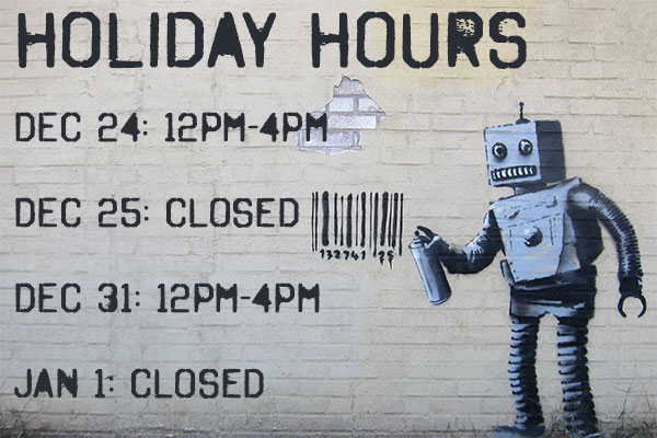 We will be open limited hours on Christmas Eve, and New Years Eve, and closed on Christmas, and New Years. But every other day will be normal hours so come down and see us!