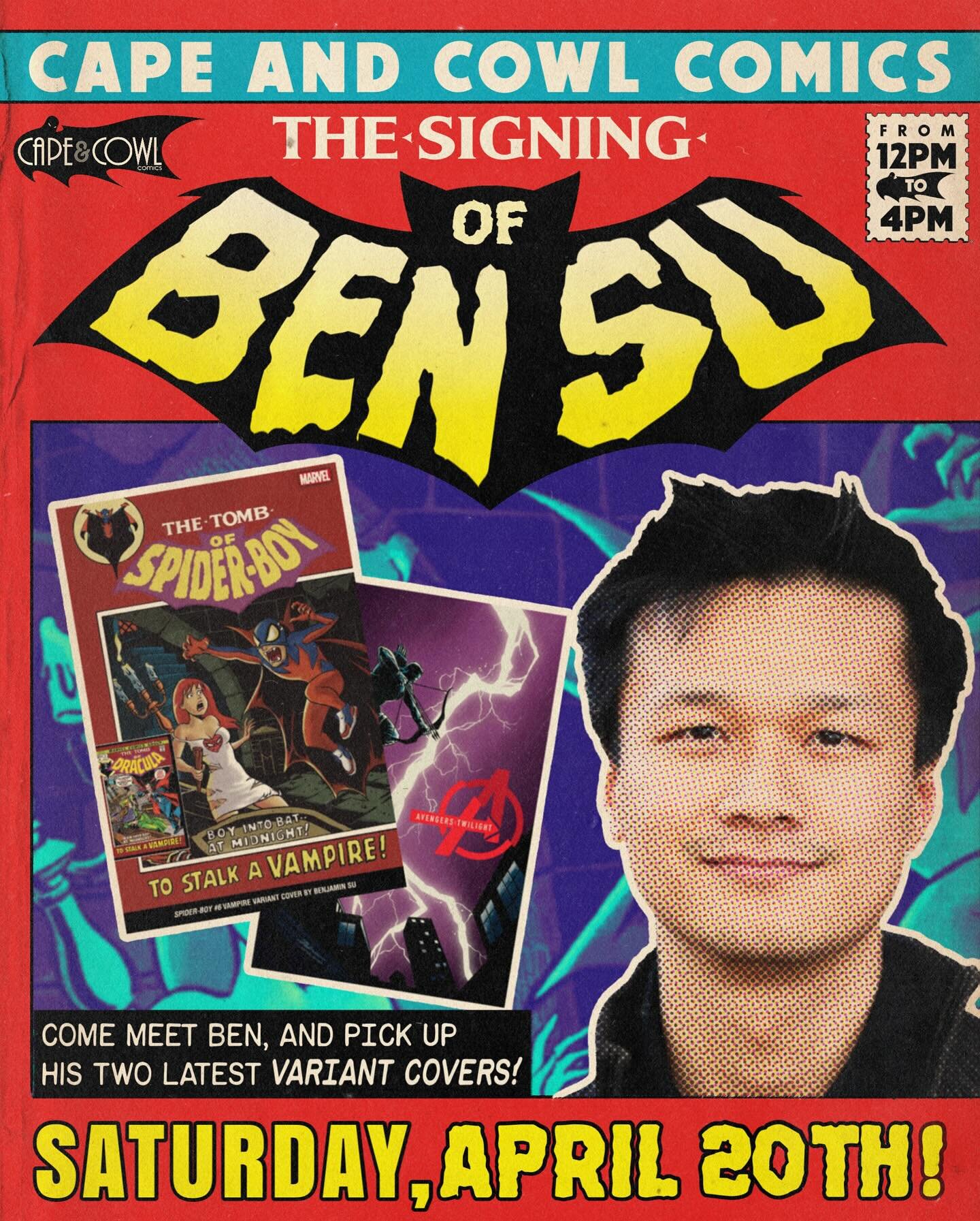 The spectacular @bensuart is coming to Cape &amp; Cowl for a SIGNING on SATURDAY, APRIL 20th, from 12pm-4pm!!! Come say hi, get something signed, and pick up Ben&rsquo;s latest variant covers for Avengers: Twilight #5 and Spider-Boy #6! See you then!