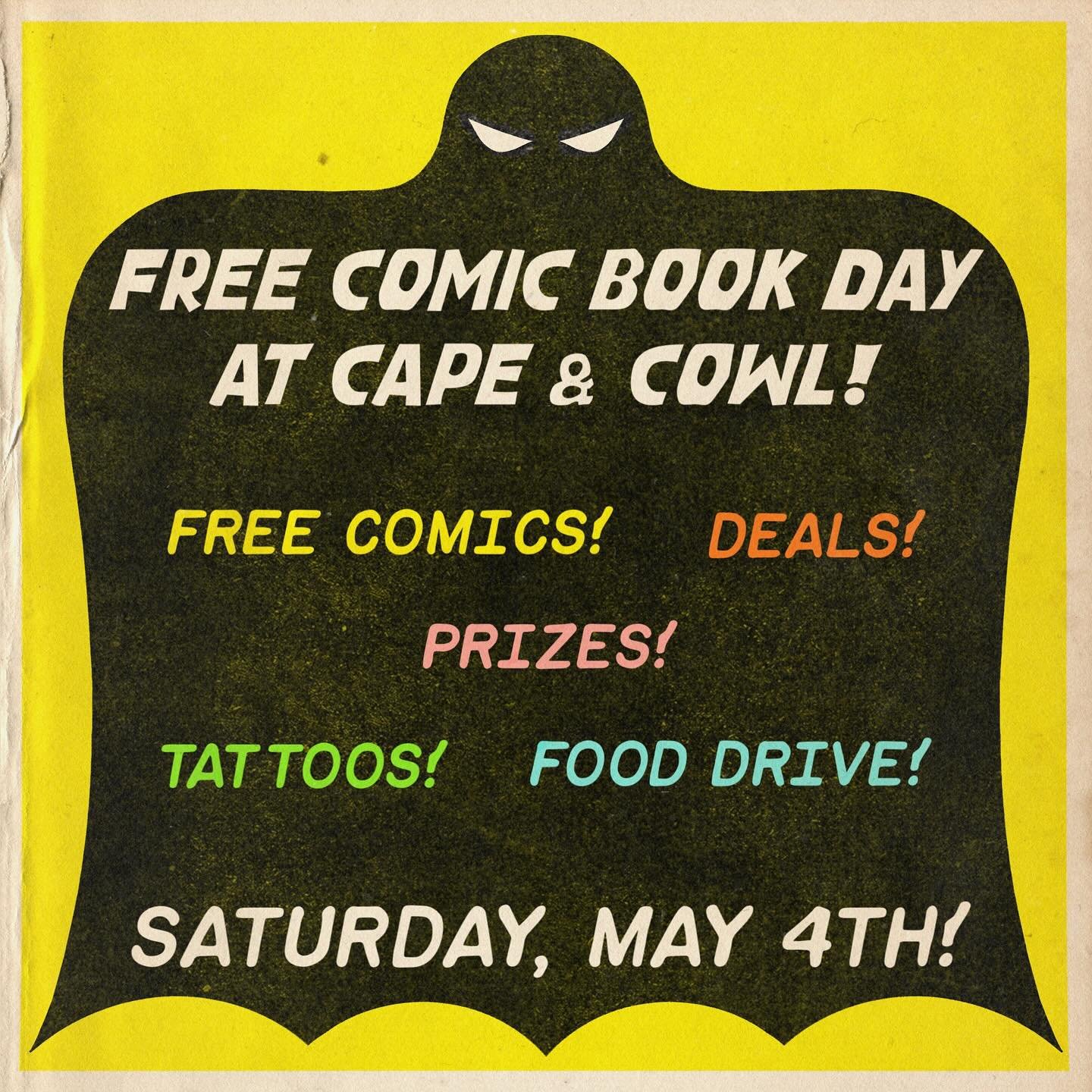 Free Comic Book Day is May 4th and C&amp;C does NOT mess around! Some important details about how we do the big day here:

First and foremost, we team up with the lovely folks at Sacred Tattoo Oakland for a massive food drive! Donate food, get more f