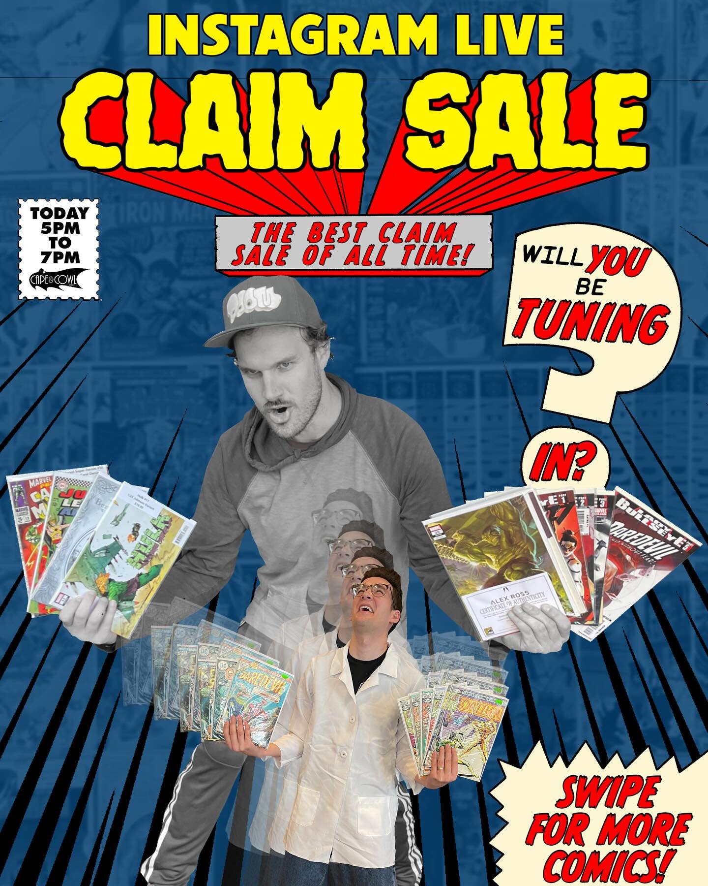 INSTAGRAM LIVE CLAIM SALE! Tune in at 5pm when our BANNER says &ldquo;live&rdquo; for INCREDIBLE deals on some SMASHING books! Swipe for a peek at just some of the comics we&rsquo;ll be bringing!