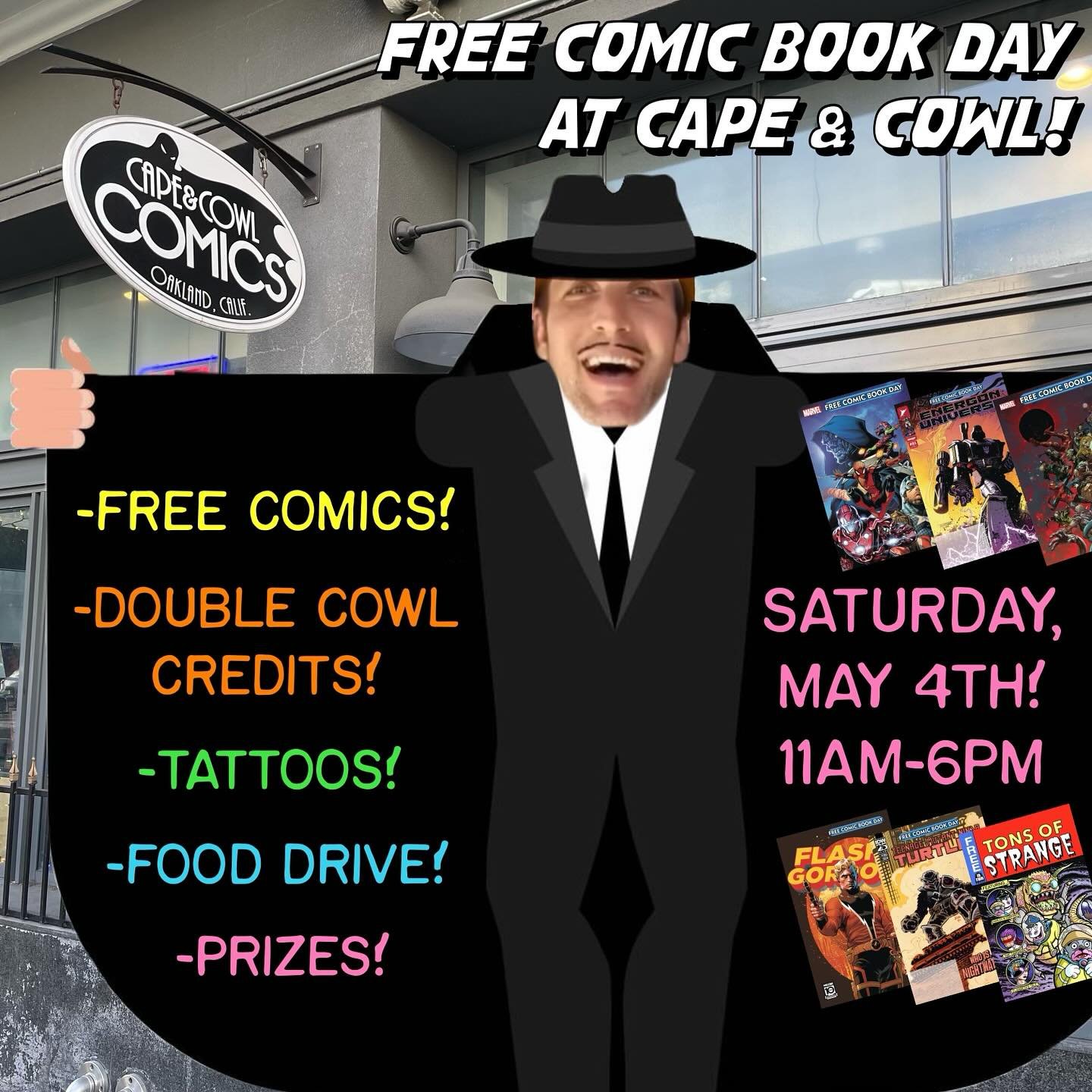 FREE COMIC BOOK DAY IS MAY 4TH! Are you ready?! It&rsquo;s going to be amazing and we want YOU to be there! And we want YOU to bring food to our food drive! And we want YOU to get a sweet nerdy tattoo from our friends at Sacred Tattoo Oakland (if tha