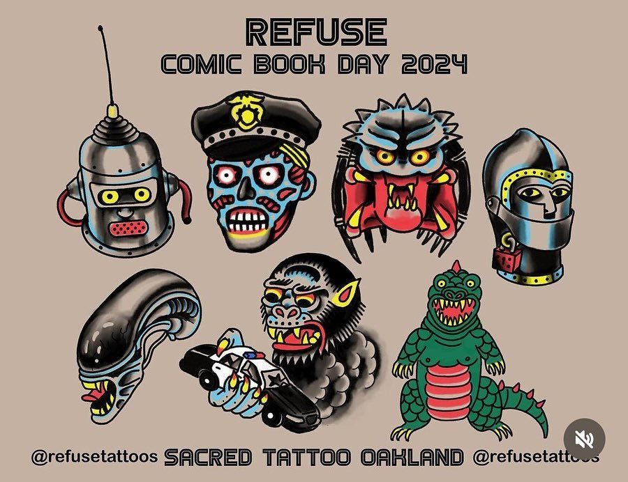 Sacred Tattoo Oakland&rsquo;s Free Comic Book Food Drive flash designs are here!🔥🔥🔥🔥🔥 Our friends truly outdid themselves this time. WOW! Reminder #1 - A $50 food donation to our drive (with receipt) gets you a ticket that can be redeemed for on