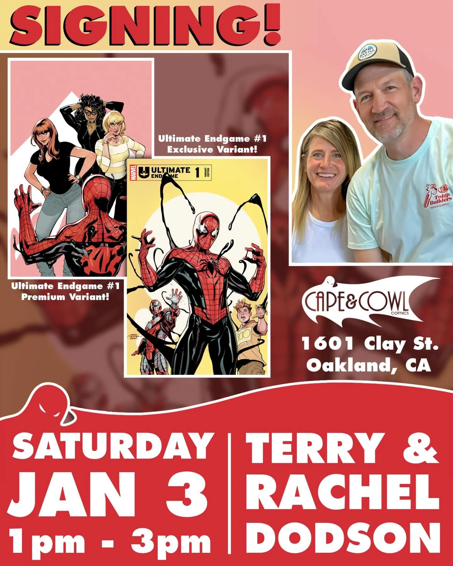 Terry and Rachel Dodson are coming to Cape &amp; Cowl Comics THIS UPCOMING SATURDAY, JANUARY 3RD, from 1pm to 3pm! 

They&rsquo;ll be signing copies of their ARTIST EXCLUSIVE variant covers for their upcoming new series, Ultimate Endgame! 

The serie