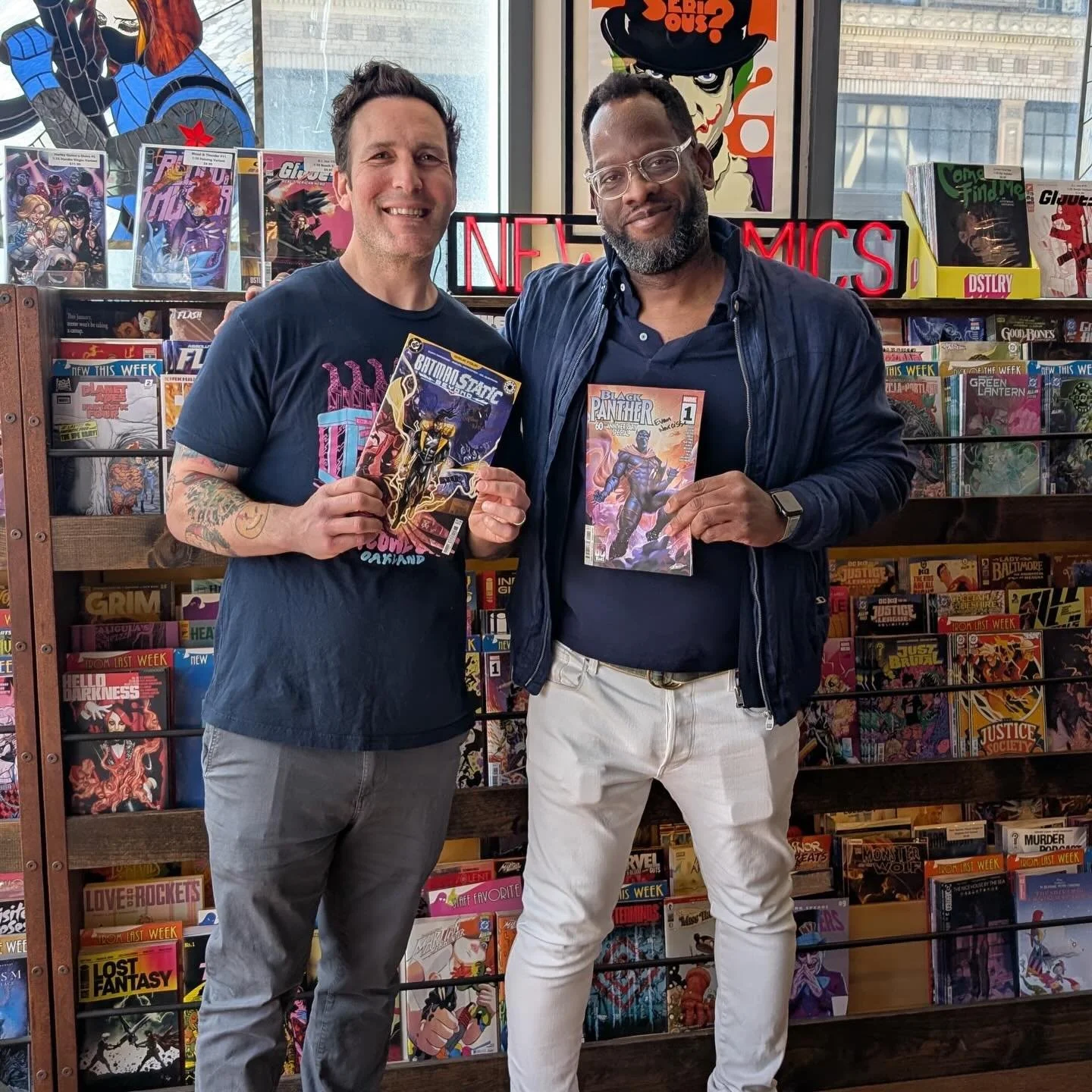 The super talented and incredibly cool Evan Narcisse stopped by the shop today and signed a bunch of Batman / Static Beyond and Black Panther 60th Anniversary Specials for us! Great books and a great dude. Come get yours!