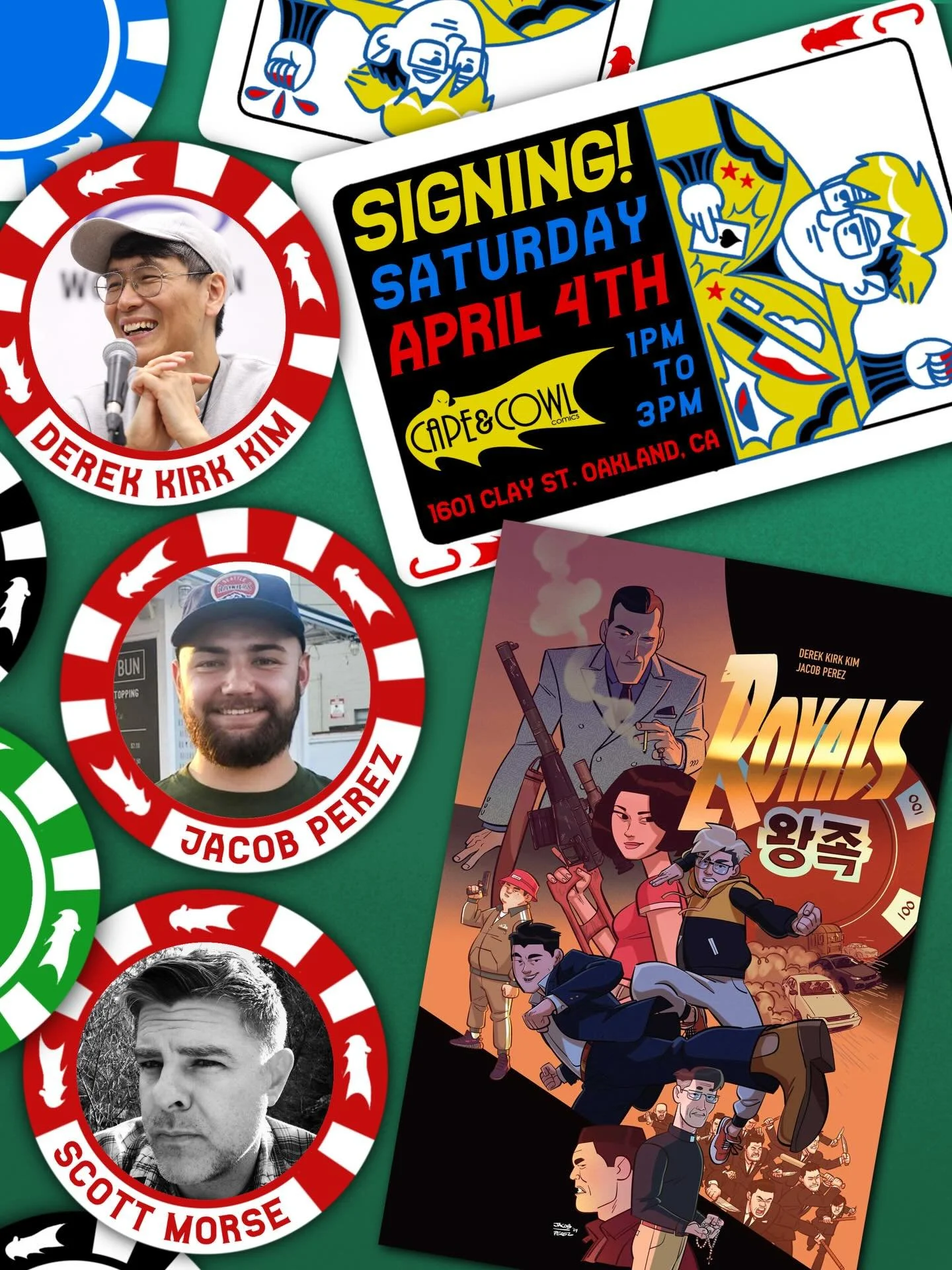 The incredible Derek Kirk Kim, Jacob Perez, and Scott Morse will be signing at Cape &amp; Cowl Comics on Saturday, April 4th!

Derek and Jacob will be signing the action-packed first issue of their brand-new @imagecomics series, Royals!

&ldquo;Eisne