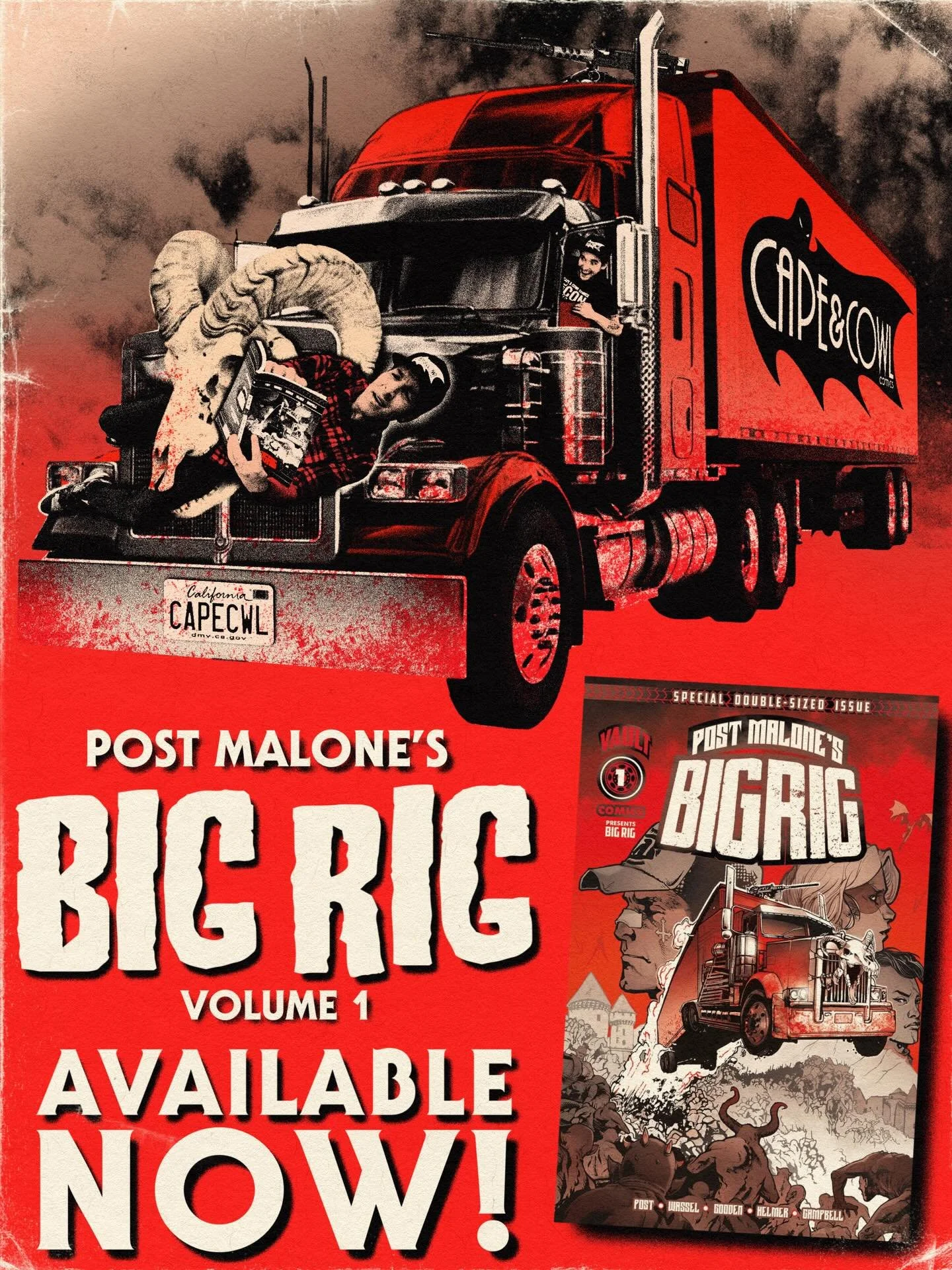 BIG RIG Volume 1 from @thevaultcomics @postmalone @adrianwassel and @nathan.gooden is AVAILABLE NOW! 

Put your pedal to the metal and get over to Cape &amp; Cowl Comics to pick up your copy of this high-octane thrill ride!