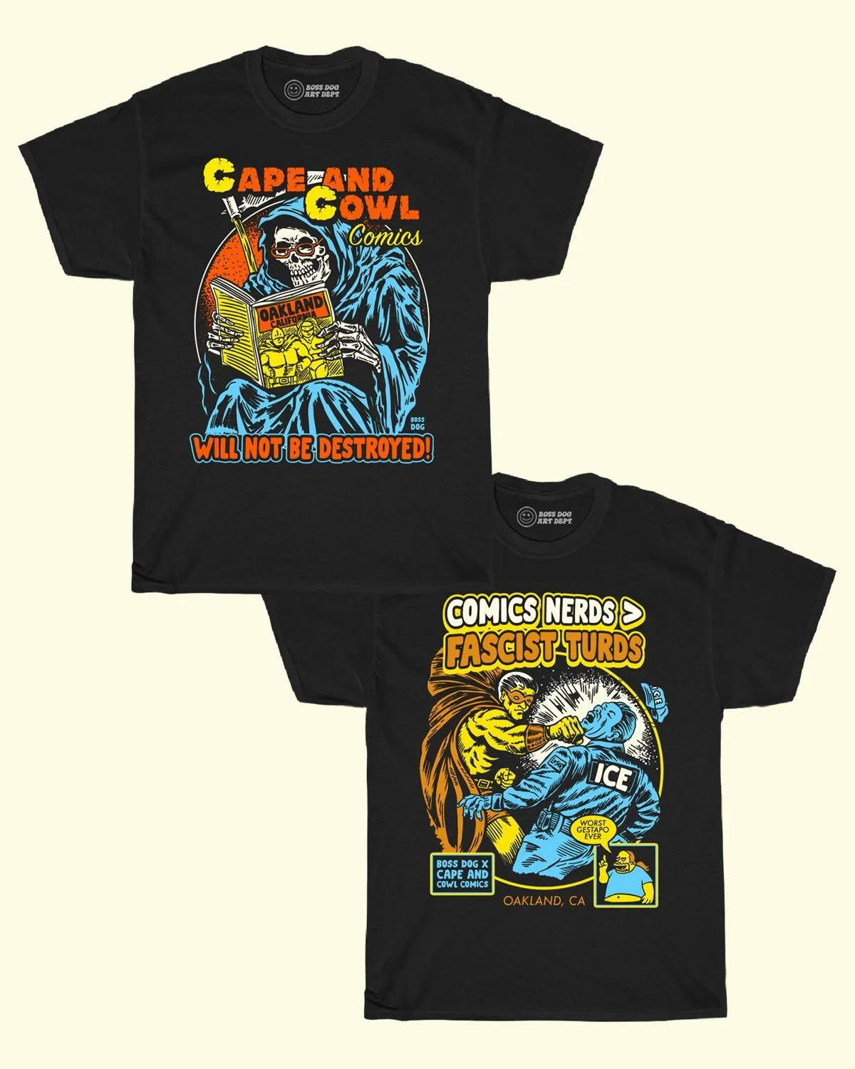In case you missed it! The insanely talented and painfully kind Boss Dog has whipped up two of the most incredible designs in the history of comic book store t-shirts for us! We can&rsquo;t wait to wear these every single day and be twinsies with all
