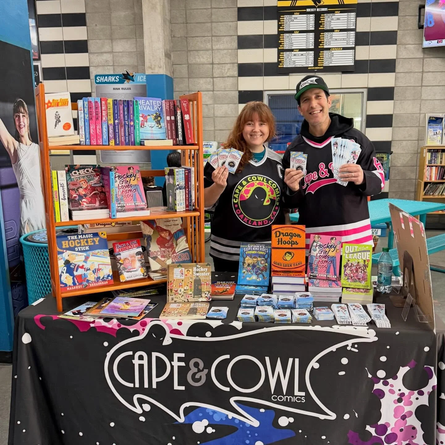 All set up and surprisingly popular over at the Oakland Ice Center this morning! It&rsquo;s either the power of free hockey cards and sweet sports comics OR these super rad jerseys we made. Hard to say really.