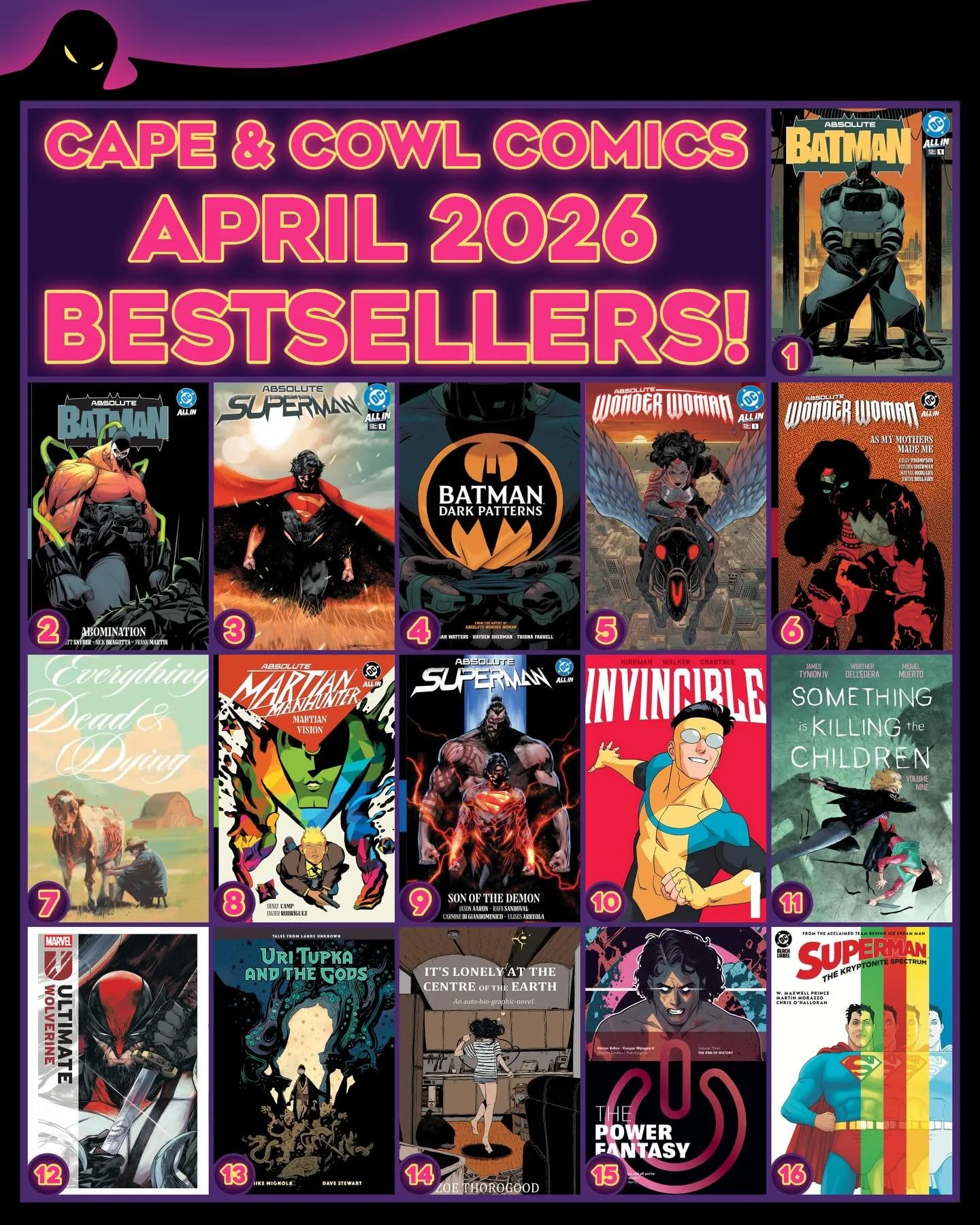 Here are our Top 16 Bestsellers of April 2026!

All these graphic novels can be found at the front of our store on our Last Month&rsquo;s Bestsellers display, or on our online store!

There are some seriously awesome books on this list! If you see on