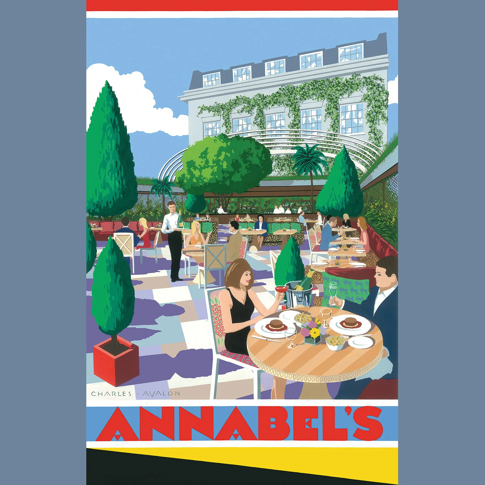 April 2019 We love this Art-Deco inspired poster of the terrace garden at Annabel’s. A recently commissioned and beautiful artwork by Charles Avalon for Pullman Editions. It really captures the curvilinear form of our design for the glazed sliding canopy. Link to the project