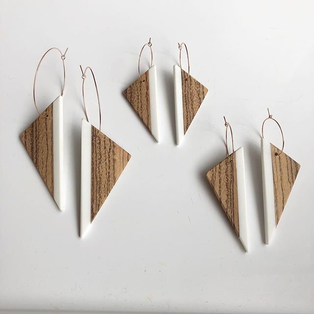 Finished these up today 🌹 Wood + Corian triangle earrings. They are available at @auk_market + will adding them to the website. Black or white accent color xo