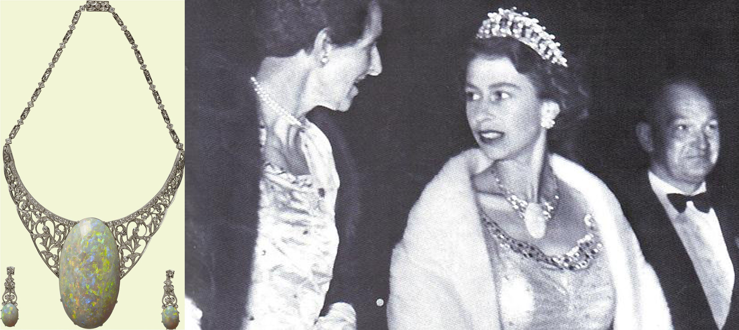 The Andamooka Opal , a 203 carat precious opal, set in a palladium, 18 karat white gold and diamond necklace. This opal was presented to Queen Elizabeth II on her first trip to South Australia in 1954. 