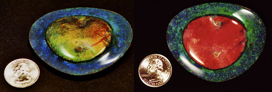 Possible the most famous of all know opals, The Flame Queen opal was found in 1914 at Lightning Ridge, New South Whales in Australia. 3 miners, Jack Philips, Walter Bradley and Joe Hegarty found it at 35 feet below the earth’s surface. Bradley, a stone-cutter cut and polished the large, fried-egg-like opal, and the 3 sold it for the shockingly low price of £93! Here it is shown at 2 different angles to demonstrate the amount of color change exhibited when turned in light.
