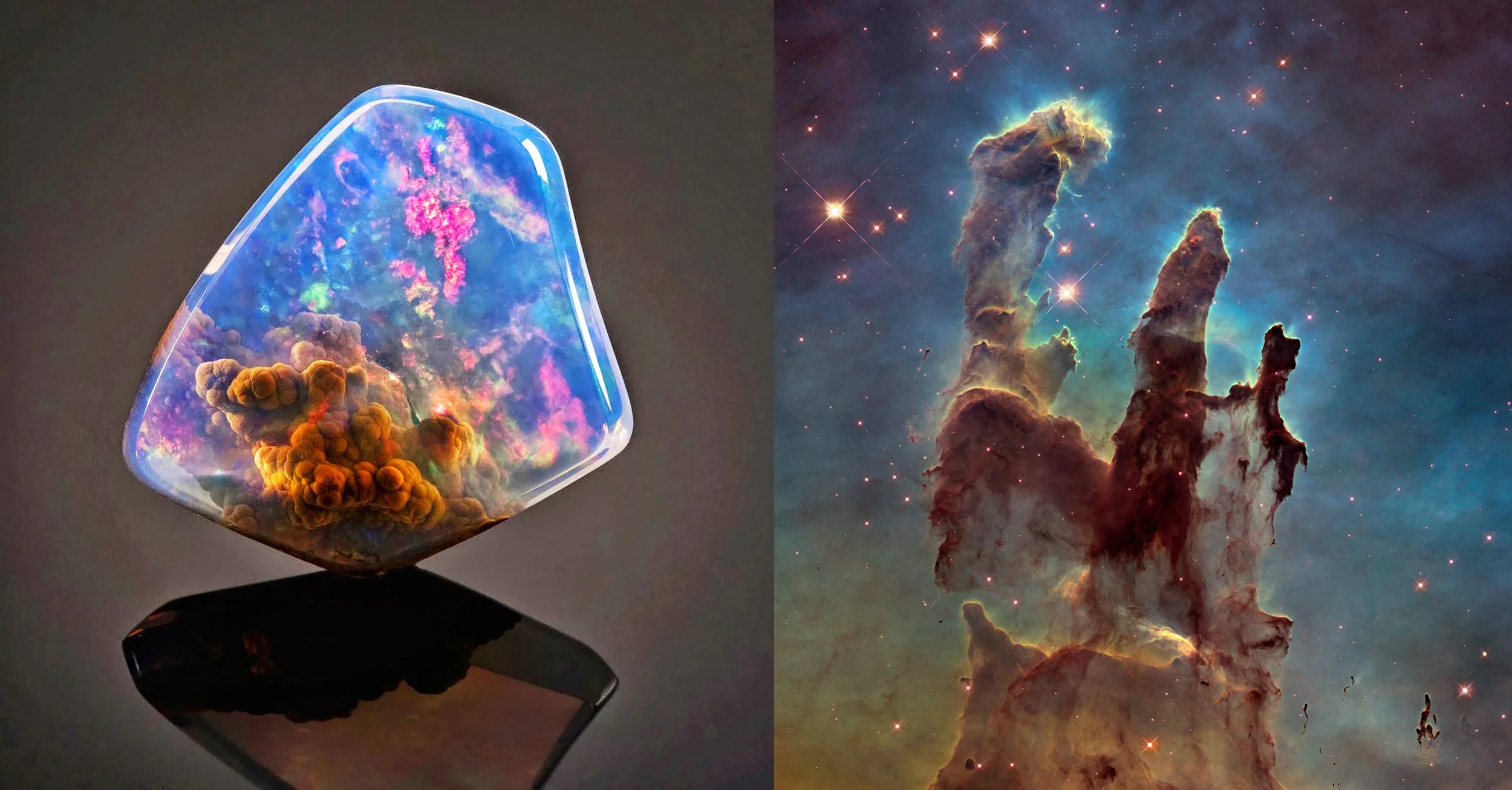 Left: The Luz Opal of Oregon , found in 2014, and sold at auction for $20,000 in May of that year. Right: The Pillars of Creation , Image taken on April 1, 1995 from NASA’s Hubble telescope. The pillars are made of gases and debris from the Eagle Nebula and is some 7,000 light years from Earth.