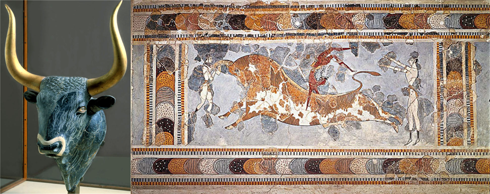 Left: Minoan Bull Head Rhyton (Drinking Vessel) 1500 bc, Crete. Right: Knossos palace, Fresco of Bull-Leaping, Crete, 1450 BC