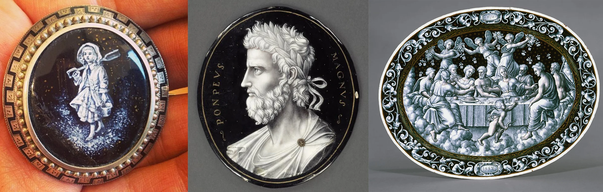 Left: A sterling silver enameled brooch with a grisaille enameled center, c. 1830 currently for sale at Victoriana. Middle: A grisaille enamel metal of Penicaud John II (16th century) louvre. Right: A grisaille silver plate by Pierre Courteys c. 16th century.
