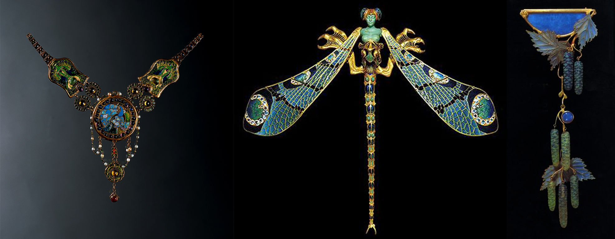 Left: The Peacock Necklace, 18 karat gold, enameling (both cloisonne and pliqué a jour,) opal, amethyst, ruby, sapphire, demantoid garnet, emerald, chrysoberyl, and pearl. c 1903-06 by Tiffany & Co. Center: "Dragonfly Lady" corsage ornament made of 18 karat gold, pliqué a jour enamel, chrysoprase, moonstones, and diamonds, designed by René Lalique, c. 1903 Right: corsage ornament 'Willow Catkins' made of 18 karat gold, pliqué a jour enameling, limoge enameling, and opals c. 1904 - by René Lalique