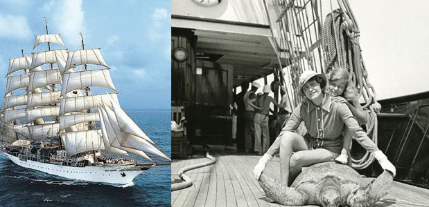 Left: Upon marrying Joseph E. Davies, Marjorie renamed her Yacht Sea Cloud, from its original, 1931 name Hussar V . Right: Marjorie with her only child from her 16 years with Ed Hutton, Nedenia, who went on to a glamorous life of her own in the dramatic arts as an actress of stage and screen, changing her name to Dina Merrill. 