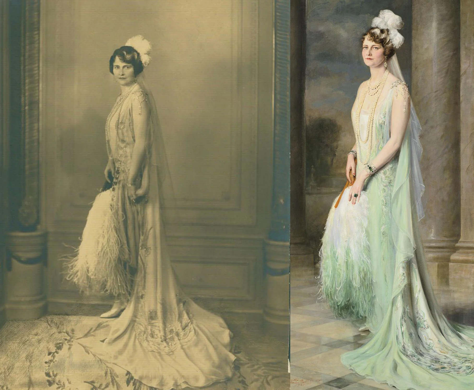 Left: A photograph of Majorie the day she was presented to King George V and Queen Mary at the Court of St James on June 26 1929. Right: Probably the most recognizable painted portrait of Marjorie, by Giulio de Blaas, memorializing that day, finished in 1931.