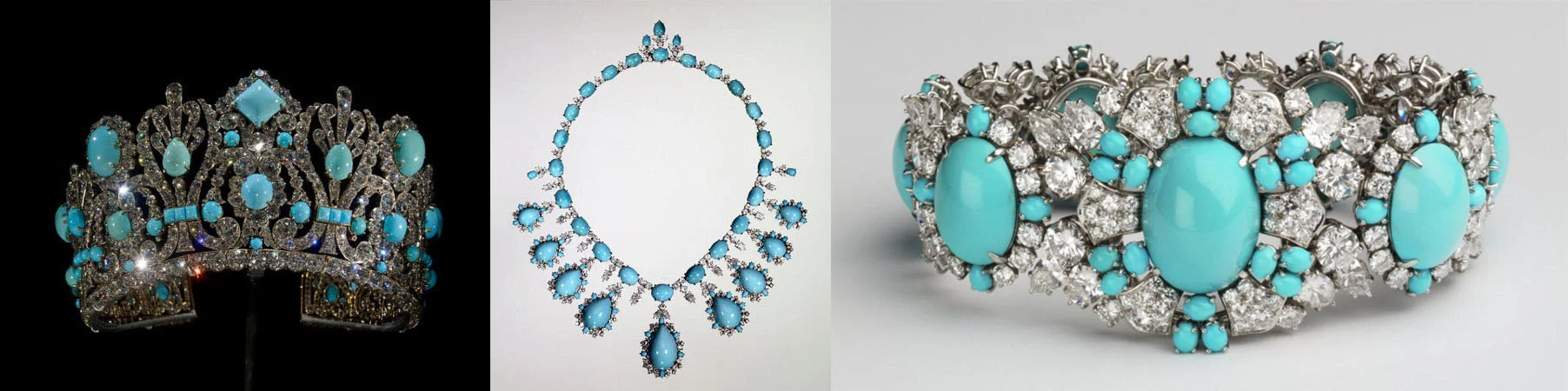Left: Diadem by Eitienne Nitot et Fils, set with 79 Persian turquoise stones that total 540 carats, and 1006 old mine-cut diamonds that total a whopping 700 carats, all set in 18 karat gold that is topped with sterling silver. Center: Set with 38 pear-shaped diamonds, 262 round diamonds, with 90 oval and pear shaped cabochon Persian turquoise stones, all set in platinum. by Harry Winston 1961. Right: A bracelet comprised of 50 oval cabochon Persian turquoise stones, 138 round diamonds, and 32 pear shaped diamonds all set in platinum. by Harry Winston, 1961.