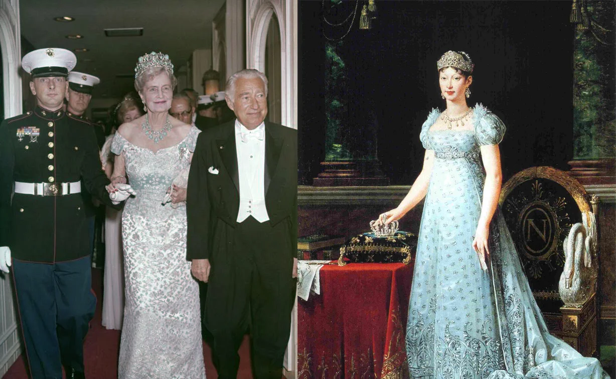 Left: Col. C. Michael Paul with Mrs. Marjorie Merriweather Post at a Red Cross ball in Palm Beach, 1967. Right: Empress Marie-Louise of France, 1811