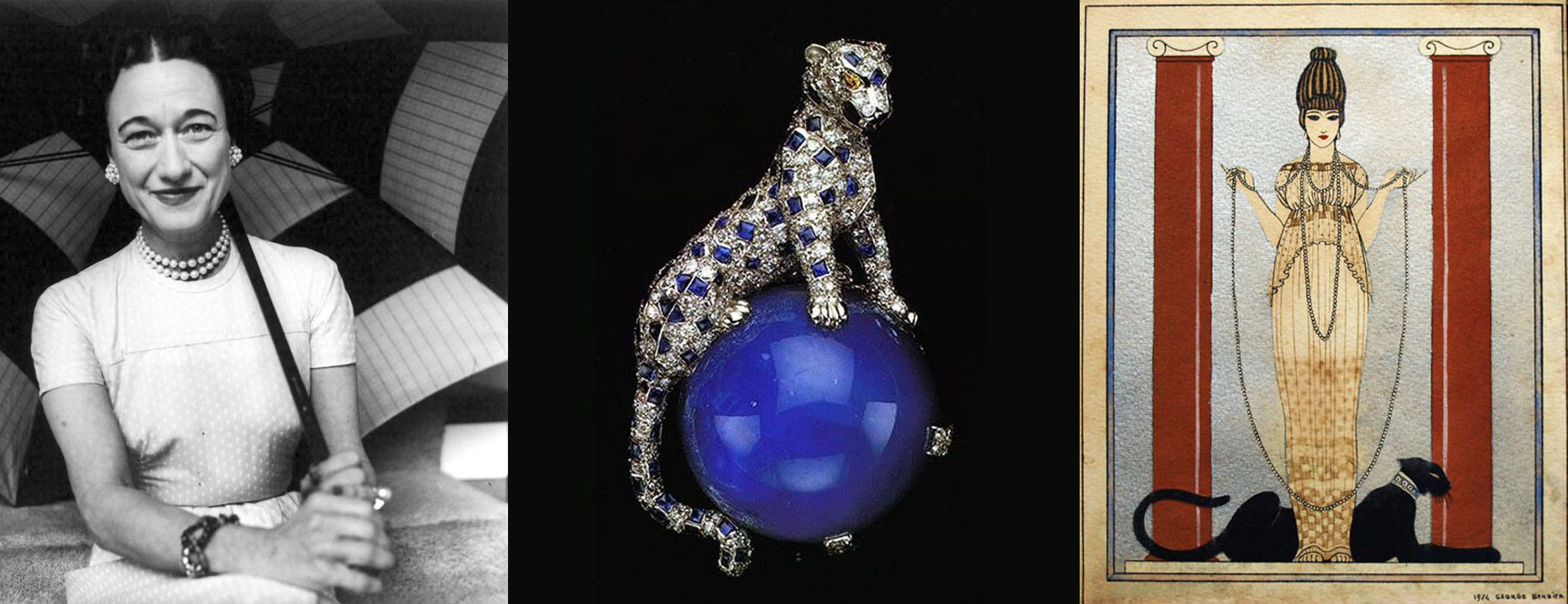 Left: Wallis Simpson, the Duchess of Windsor. Center: In 1949 the Duchess purchased this Pantheré brooch from Cartier. The white gold and platinum clip features a 152.36 carat Kashmir cabochon-cut sapphire. Right: The original panther advertisement illustration for Louis Cartier (Jr) and Bros. by George Barbier in 1914.