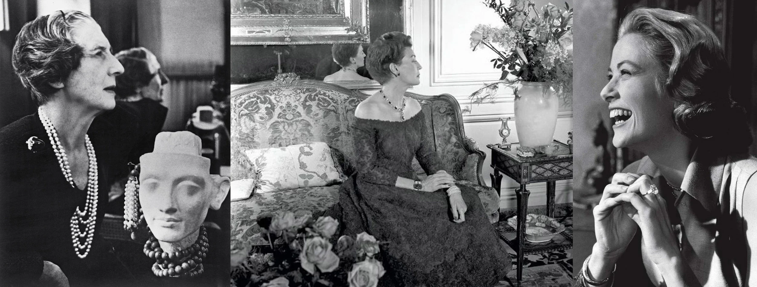 Left: Jeanne Toussaint, 1950's. Center: Countess Mona von Bismarck 1958, photographed by her dear friend Cecil Beaton while wearing her carved emerald and diamond bracelet, emerald and diamond cluster necklace and clip-on earrings from Cartier. Right: Princess Grace Kelly in a 10.47ct Cartier diamond engagement ring, given to her by Prince Rainier, designed by Cartier under Jeanne Toussaint. 