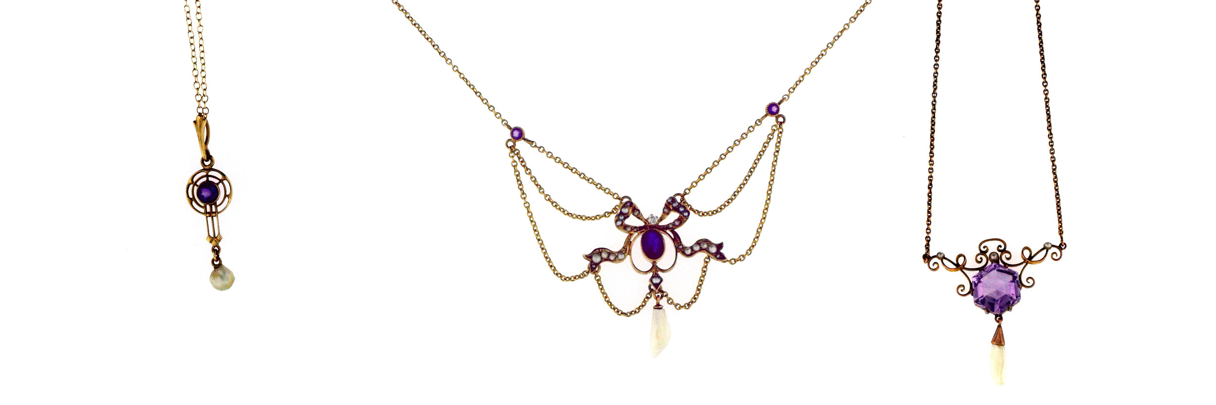 Left: A 14 karat yellow gold lavaliere set with a round amethyst and a natural pearl drop. Center: A 10 kara yellow gold festoon set with an oval amethyst, an old mine-cut diamond, and natural pearls. Right: A 9 karat rose gold necklace set with a hexagonal-cut amethyst with a fresh water Mississippi pearl.