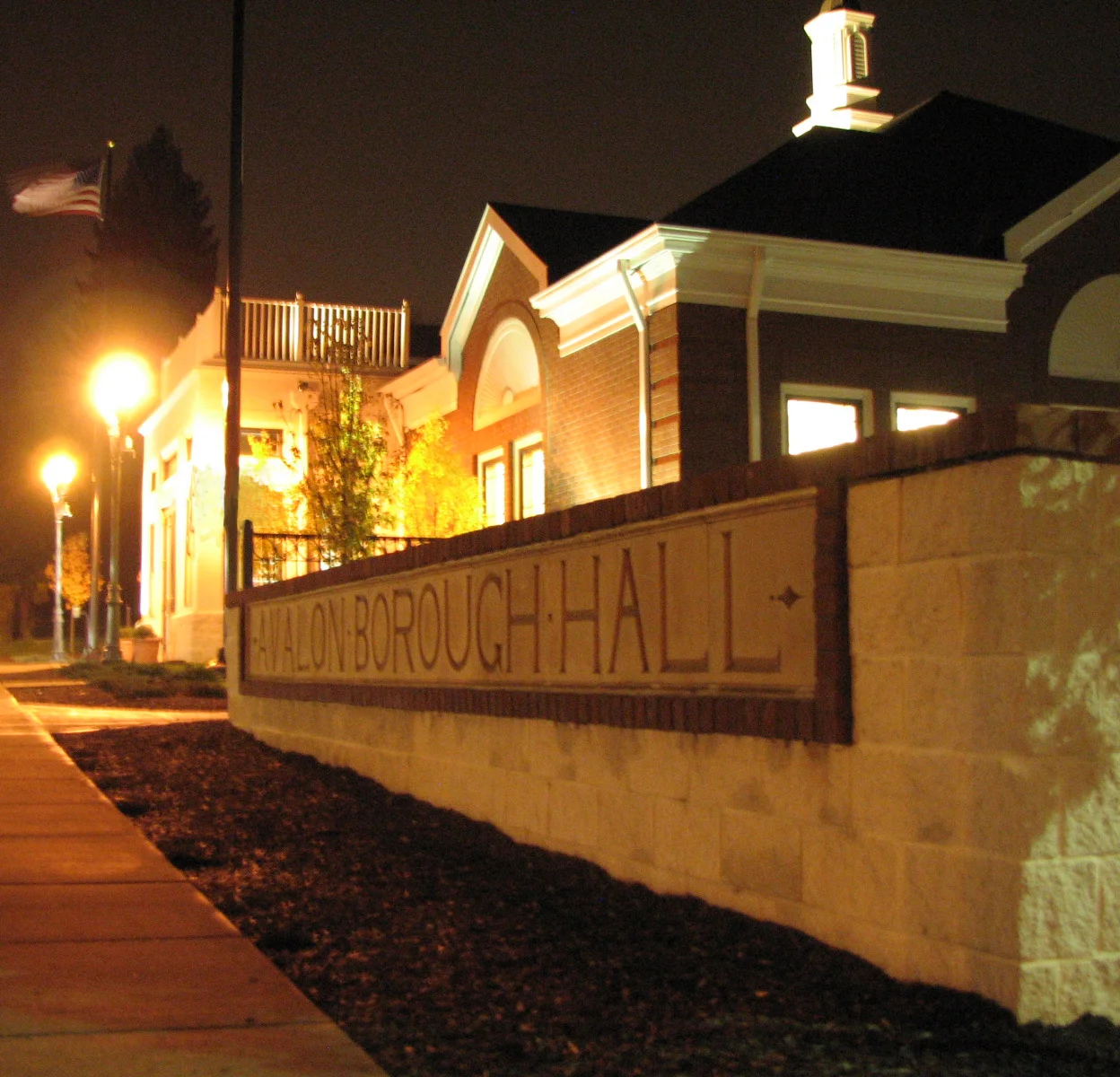 Avalon Borough Building, Avalon, PA (sign constructed using reclaimed block from original borough building)