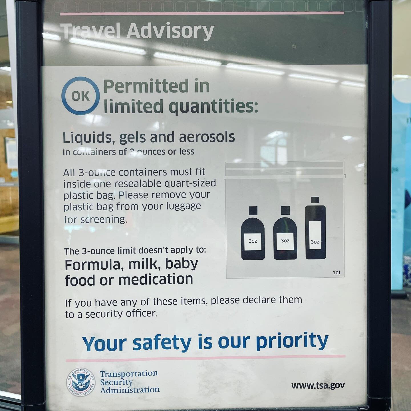 The 100ml limit doesn&rsquo;t apply to human milk, formula, or juice for a toddler. 🍼✈️

I couldn&rsquo;t find the upper limit of amounts allowed through TSA in the US explicitly stated online. I did, however, learn that coolers of milk and breast p