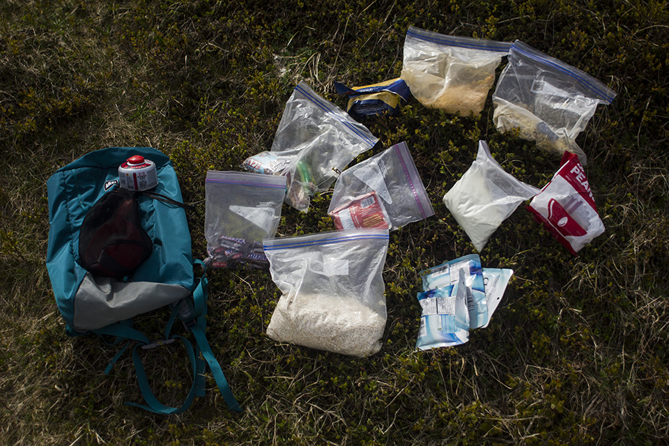 My food bags (beginning to run low) and my day pack