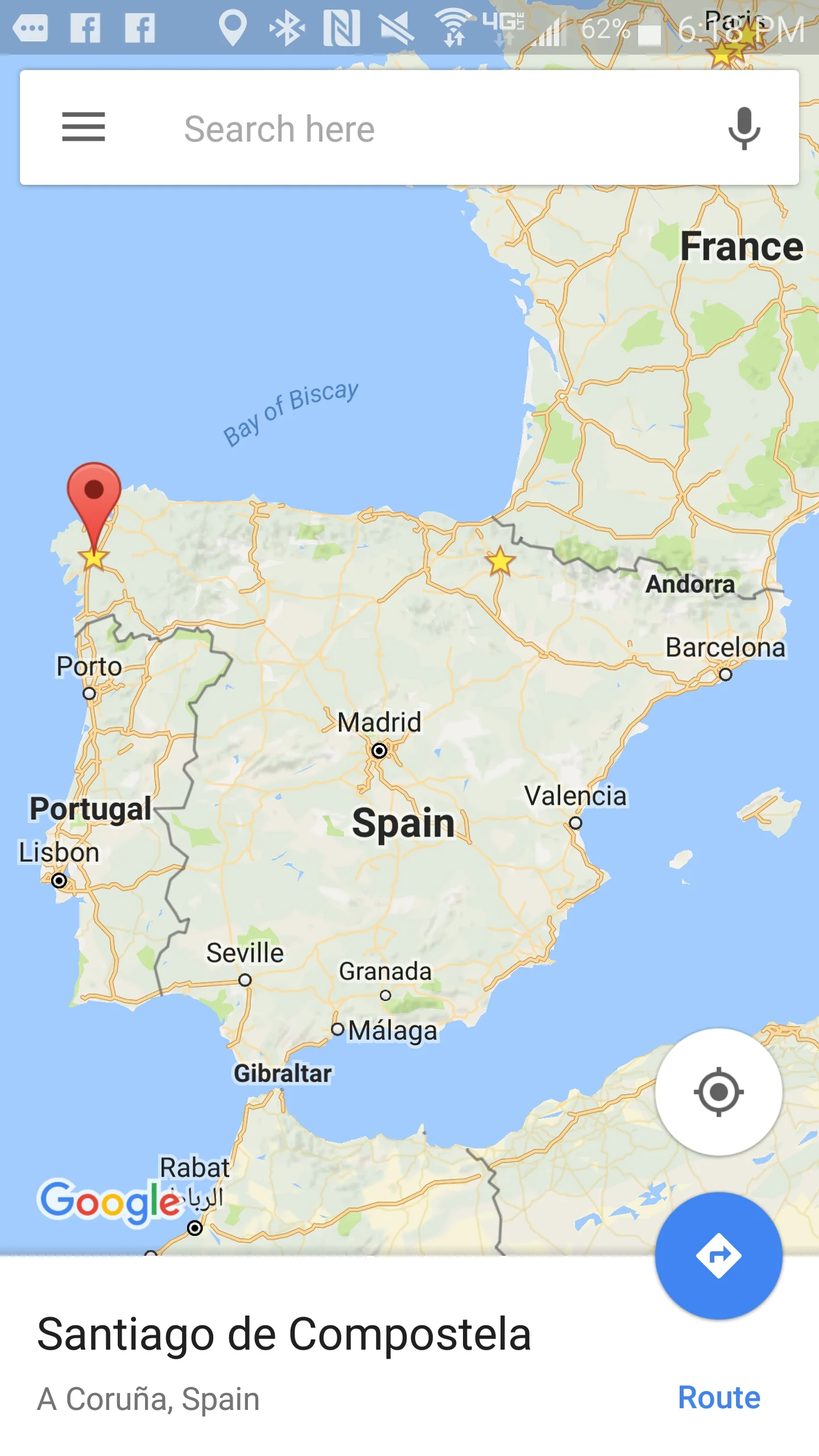 Google maps image of the two travel points. Pamplona Spain to Santiago de Compostela.