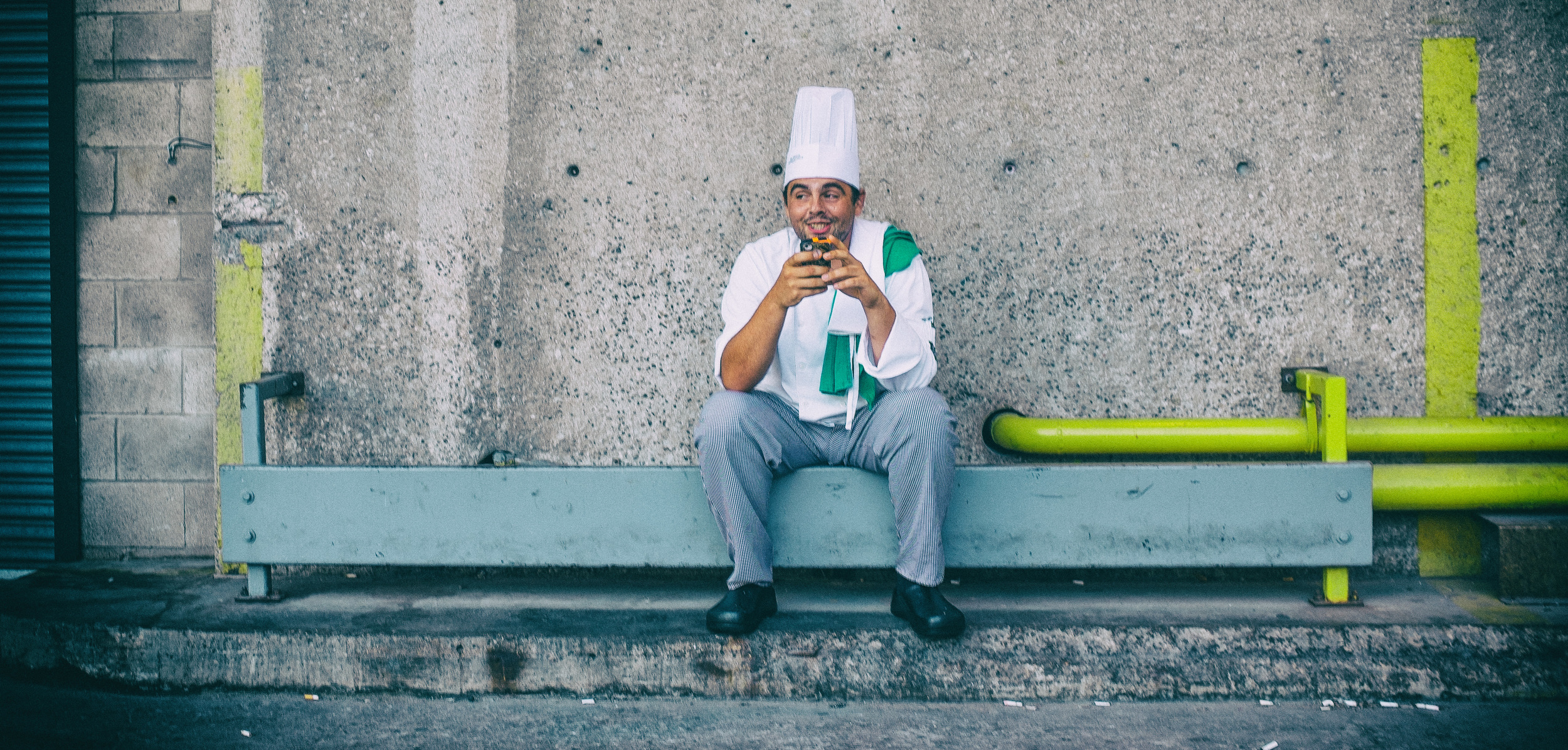 I saw this gentlemen down an alley walking back from a shoot on Toronto Island. I walked up, dropped to a knee, framed up a shot, and asked for a picture. He said "I don't think you want to do that." Click. Too late, Chef.
