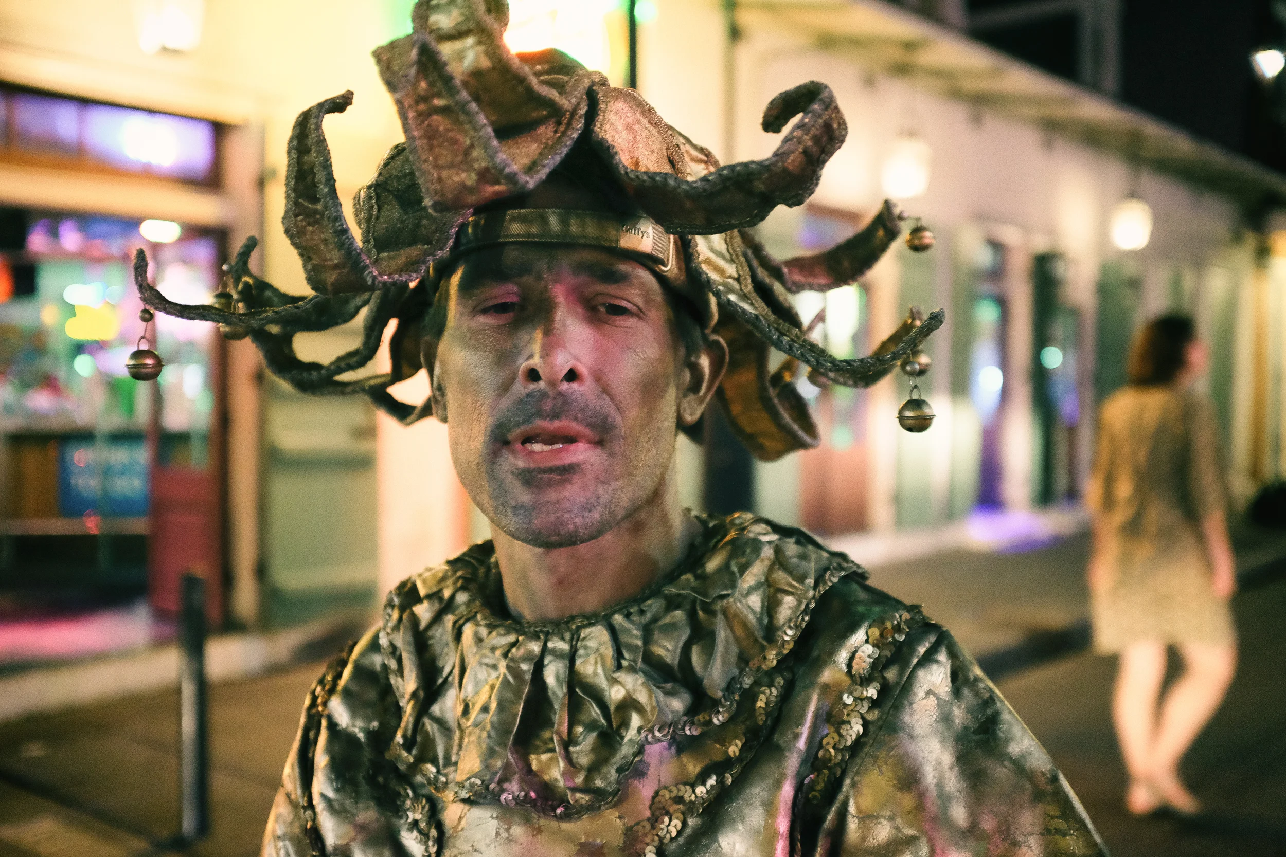 Bourbon Street is a cruel place. Here, the Goldman glitters for his tips. After talking to him for a minute, I got a shot that showed who he is instead of the character.