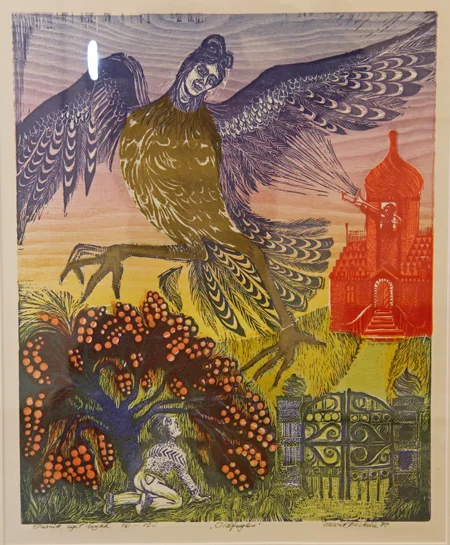 Marit Bockeli, Ildfuglen, 16/100 - 1977 Tresnitt, eget trykk Innkjøpt: 1979 56x66 cm m/ramme