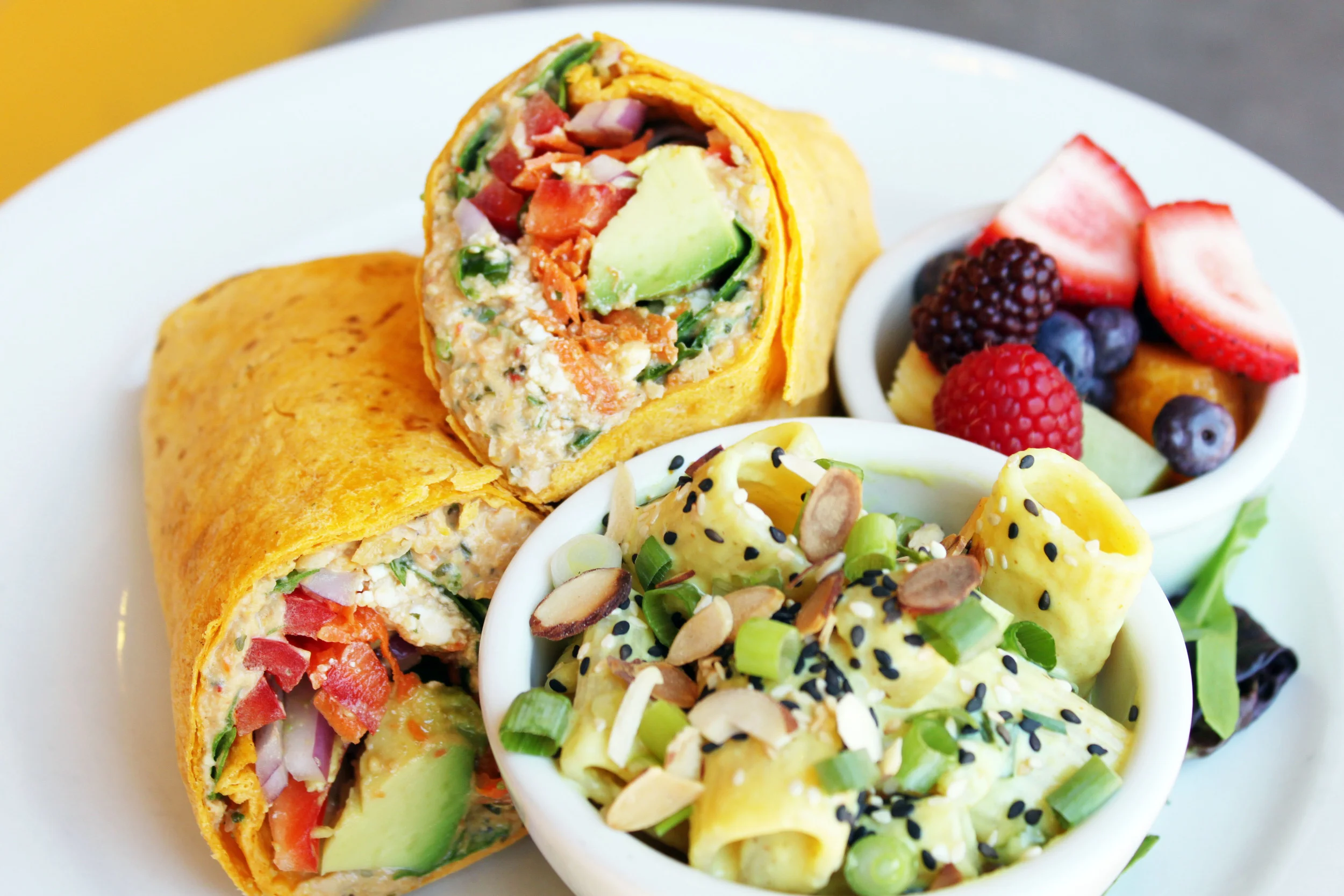 californos veggi wrap, curry pasta and fruit.JPG