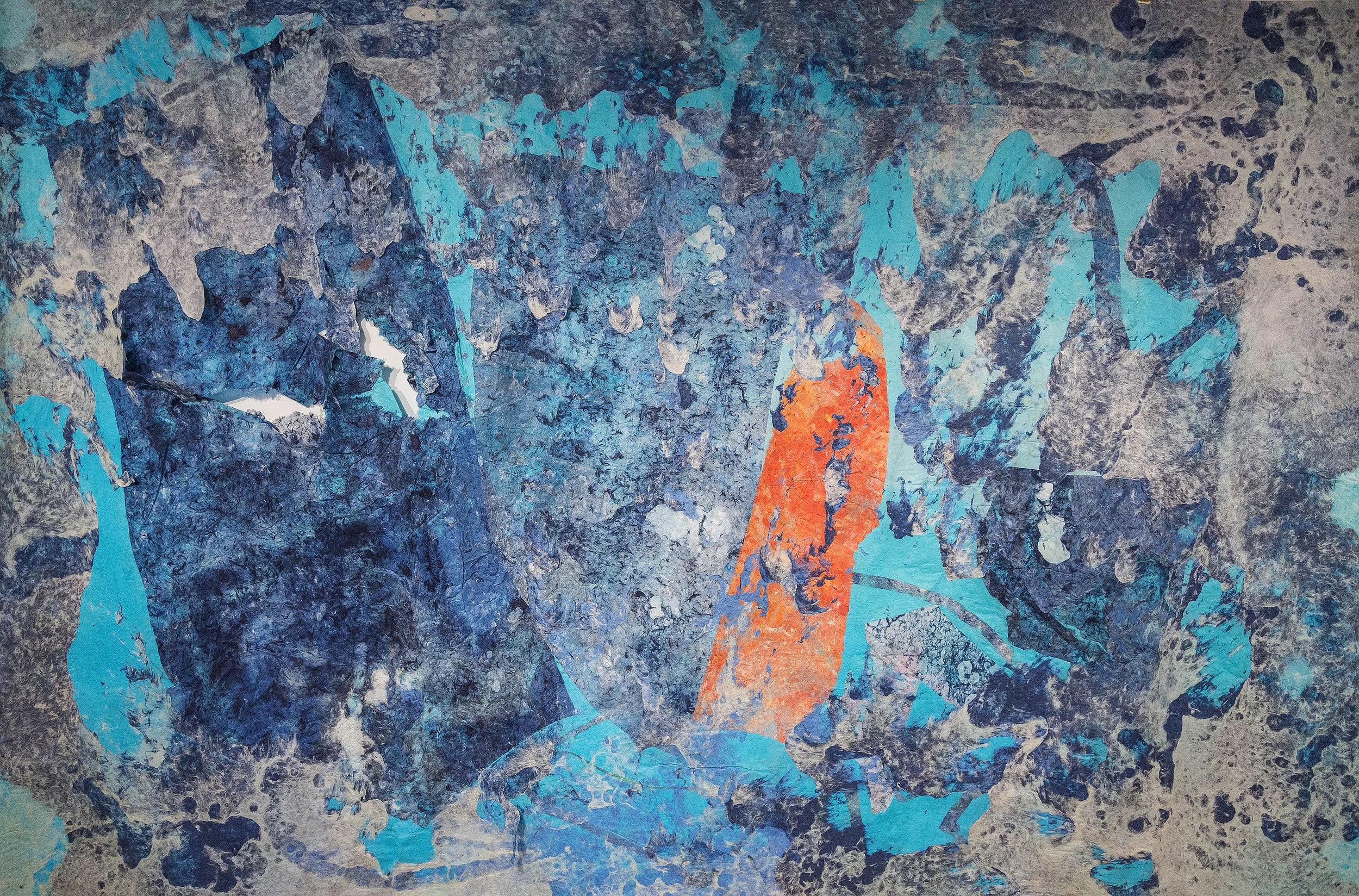 Do You Feel the Sea Still, 96” x 144”, kozo, sun, dust, pollen, water, repurposed paper, fiber-reactive dyes, 2016.