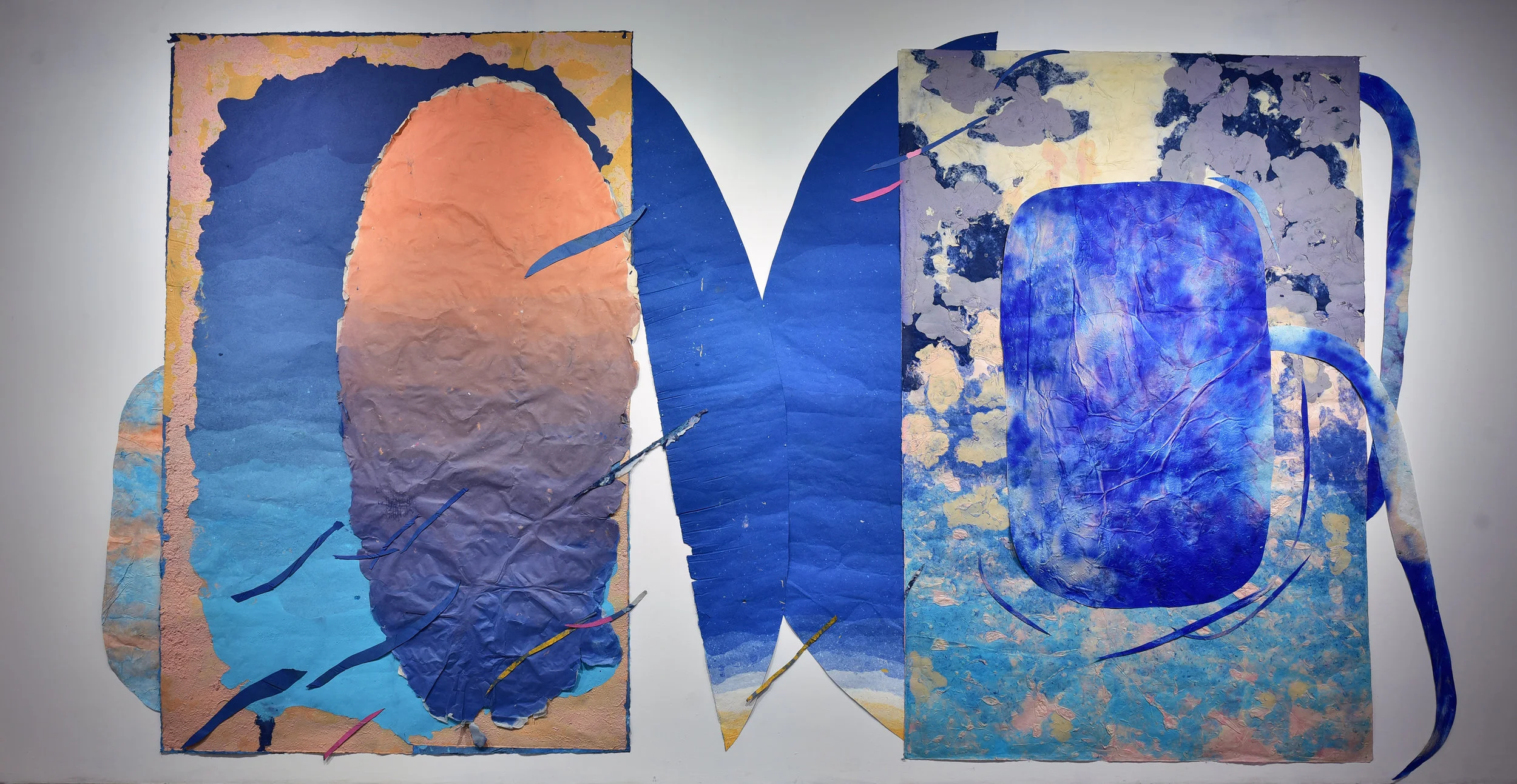 Composition for the Blue Shoulders of Evening, 2015 - present, 96 x 288 inches, Kozo, sun, dust, pollen, hair, fiber-reactive dyes, repurposed paper, water