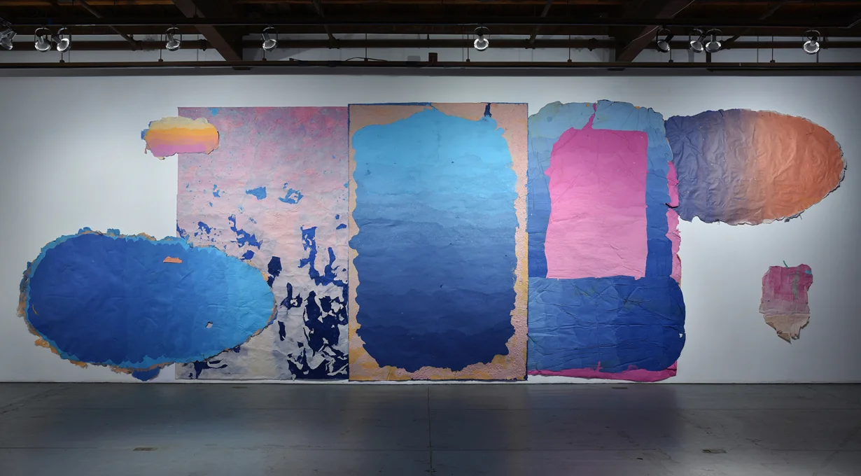 Composition for Walking Underwater, 2015 - present, 144 x 320 inches, Kozo, sun, dust, pollen, hair, fiber-reactive dyes, repurposed paper, water.