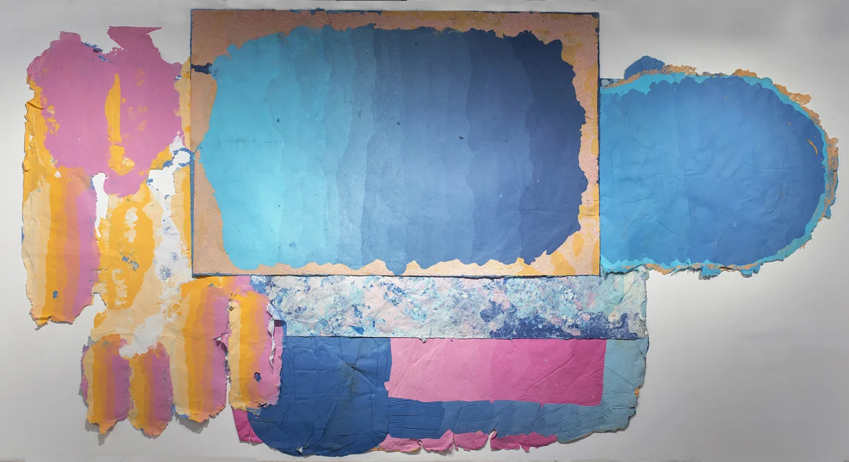 Composition for Holding the Whole, 2015 - present, 156 x 192 inches, Kozo, sun, dust, pollen, hair, fiber-reactive dyes, repurposed paper, water.