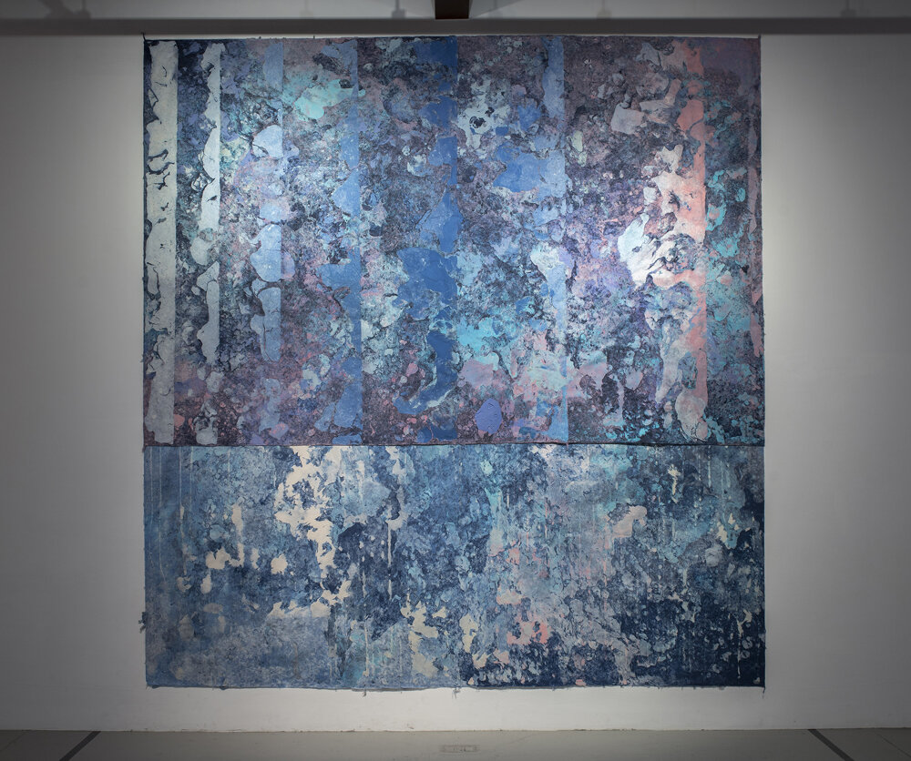 Untitled 3 . Mulberry bark, sun, dust, water, hair, fiber-reactive dyes, repurposed paper. 144 (H) x 144 (W) inches. 2017.