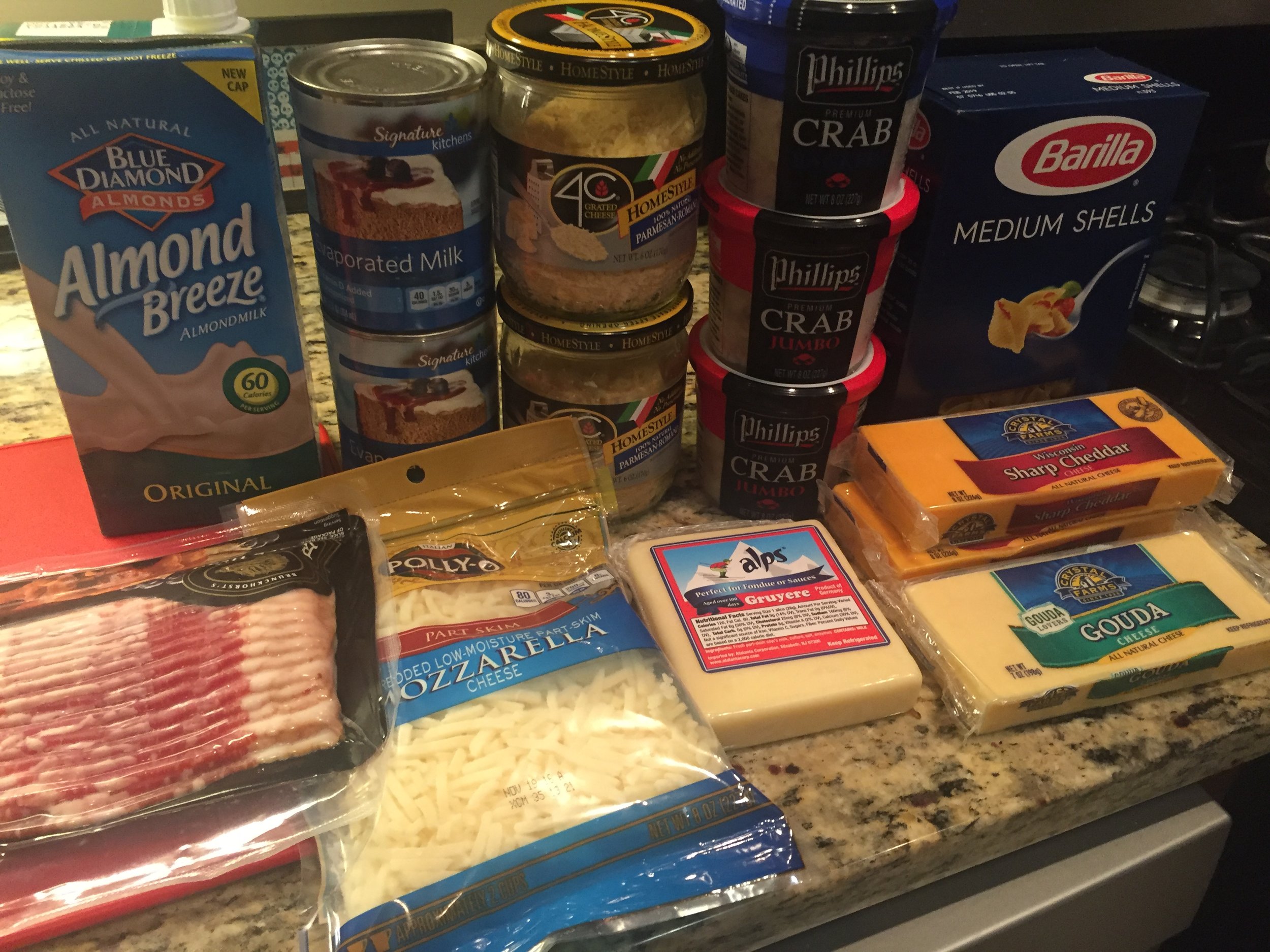  Crac, bacon, mac and cheese ingredients.    