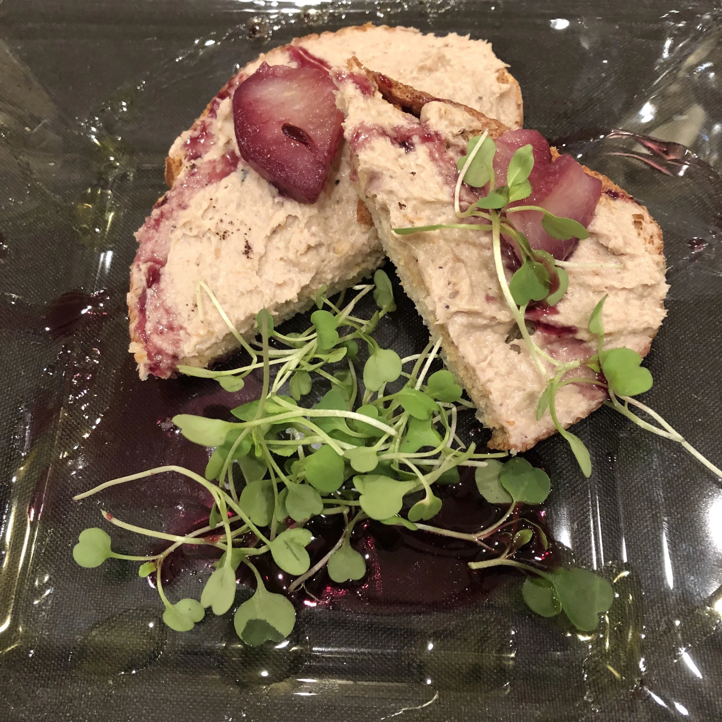 Duck liver pate with cabernet poached pears.
