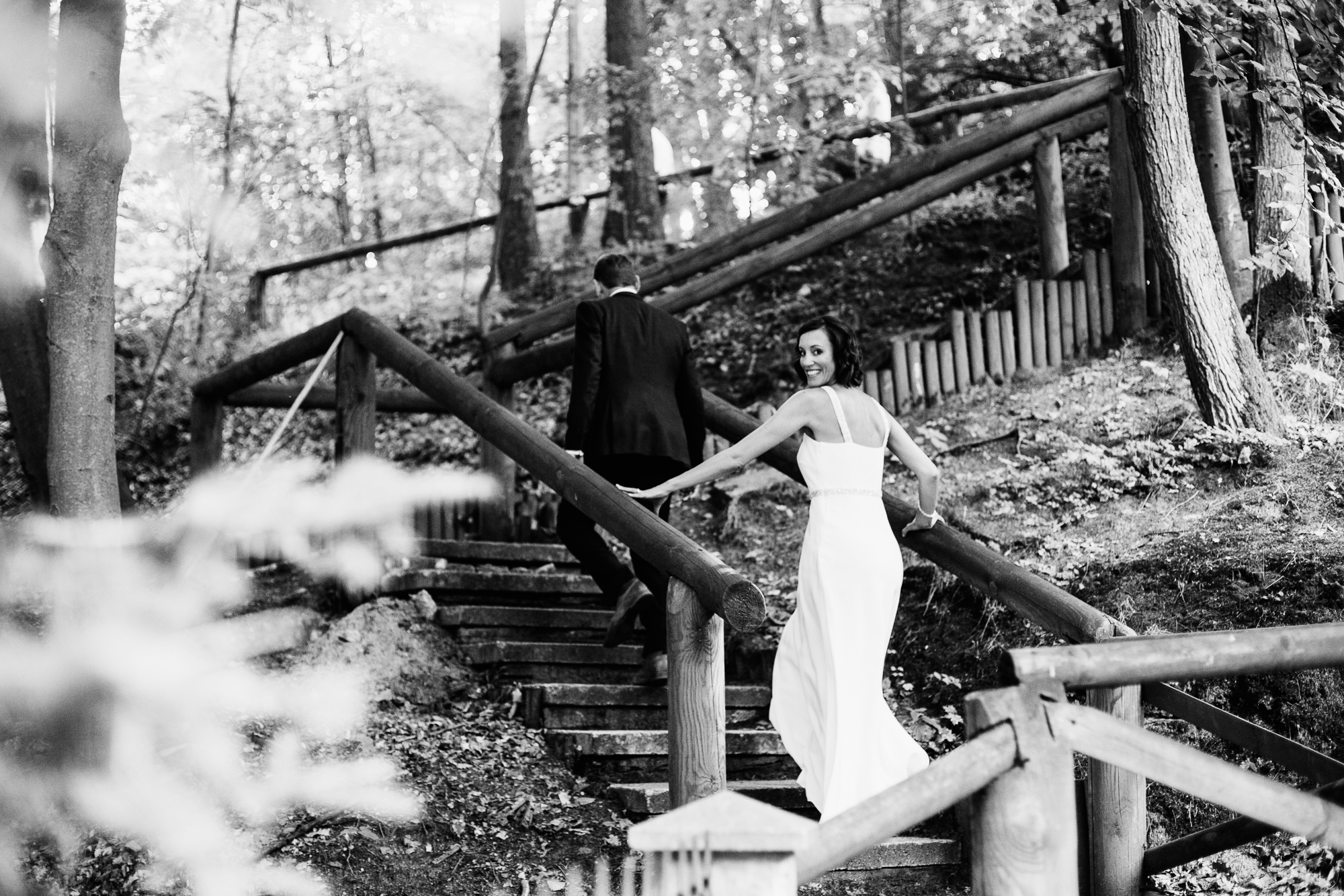cheeky bride black and white forest portrait destination wedding photography poland