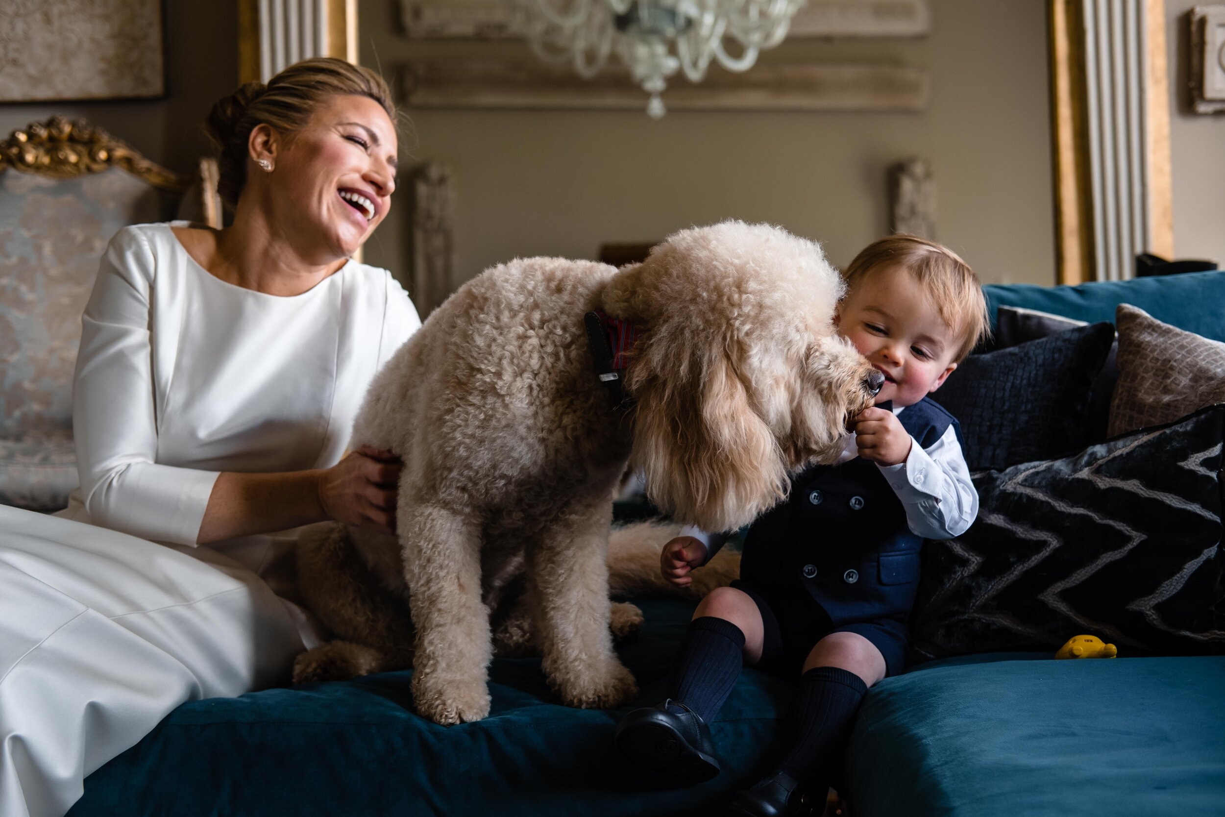 bride and little pageboy laughing with dog