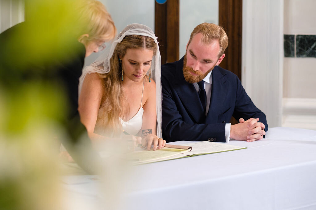 bride and groom signing register