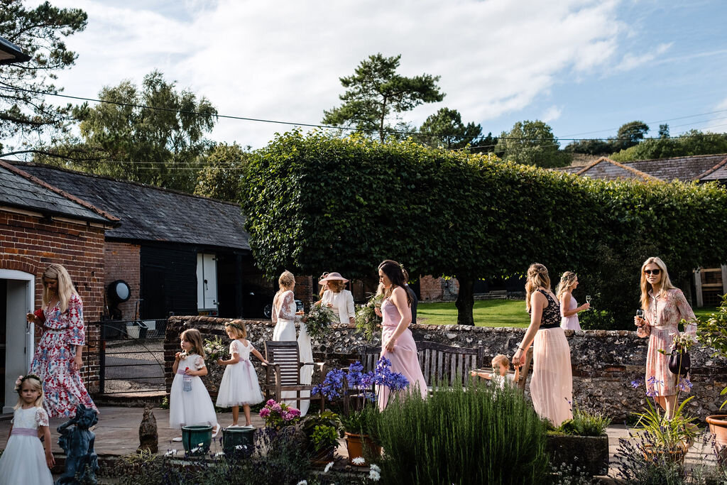 wedding guests in yard with hedges behind