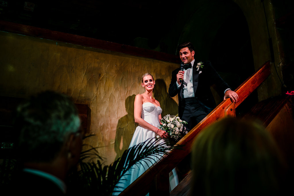 wedding photography Dracula st moritz speeches on staircase
