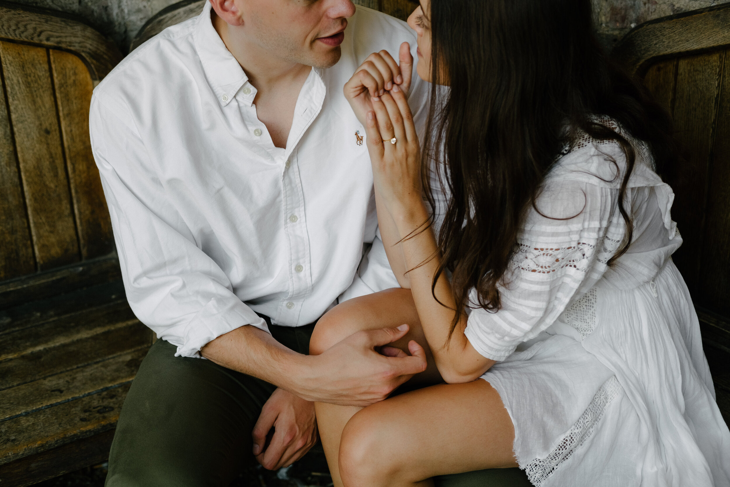 close up of couple embracing engagement shoot