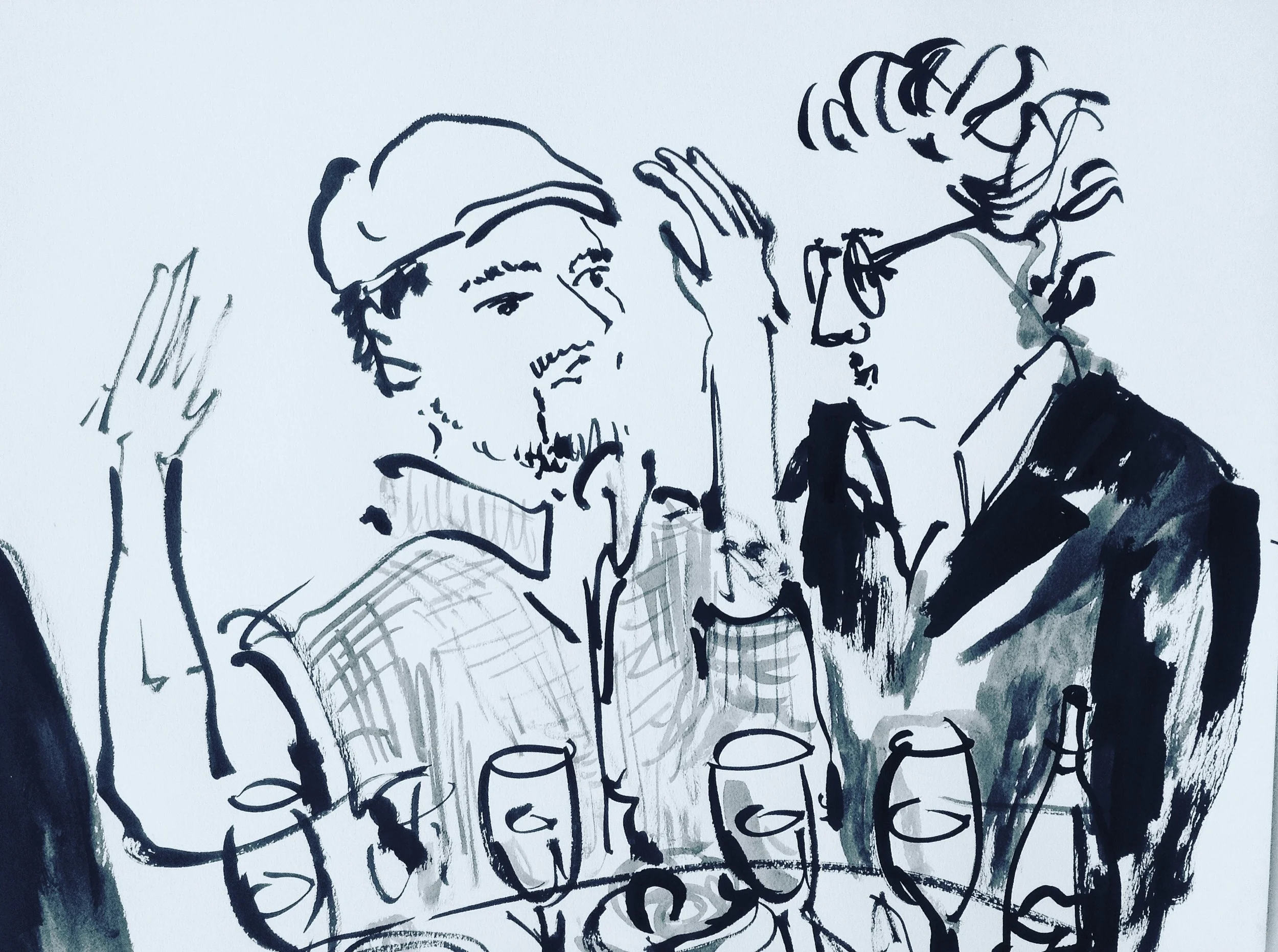 Leonardo di CAprio and GEorge Miller talking at the Dean and Deluca, Harvey Weinstein dinner honouring Robert De Niro at Michalangelos in Antibes